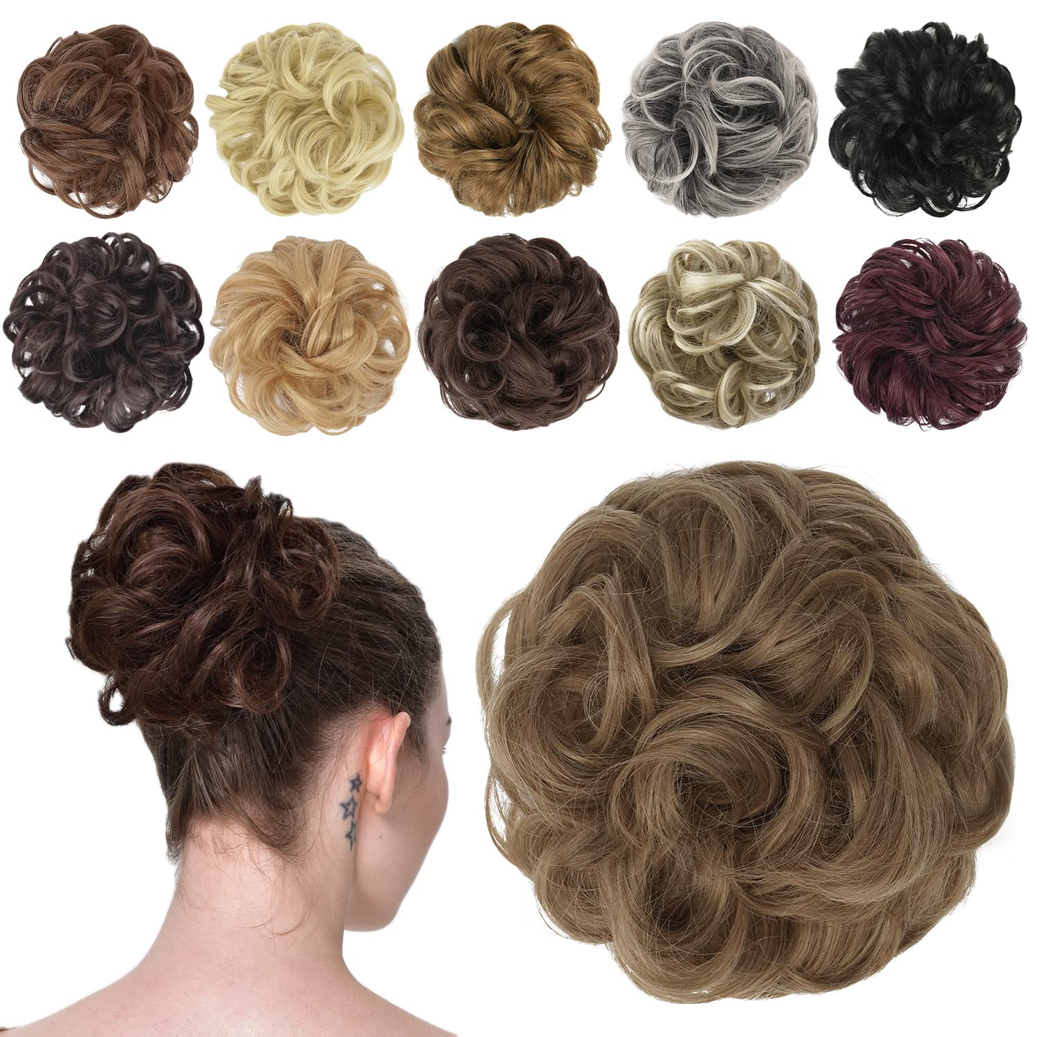 FESHFEN Messy Bun Hair Piece, Messy Hair Bun Scrunchies for Women Synthetic Wavy Chignon Ponytail Hair Extensions Thick Updo Hai
