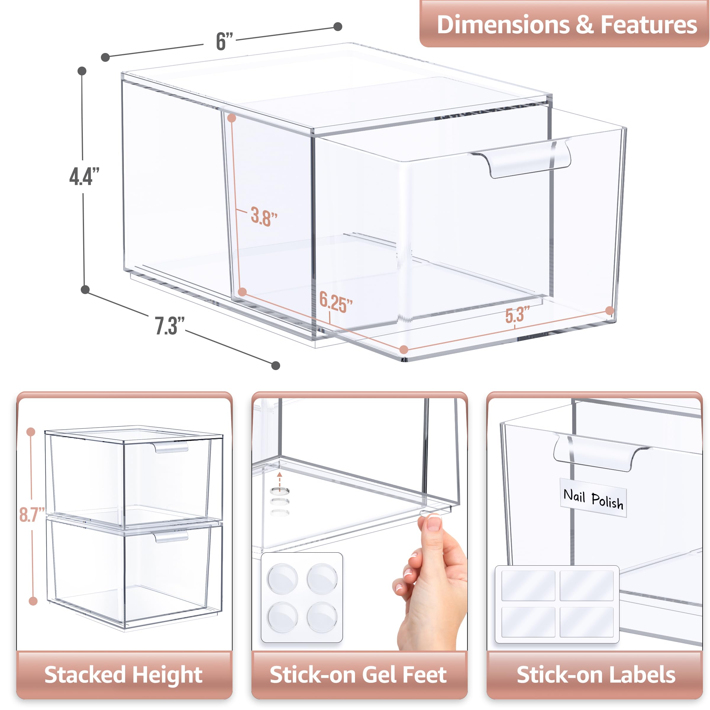 Sorbus 2 Pack Makeup Organizer - Clear Stackable Acrylic Drawer Organizer For Vanity, Bathroom, Undersink, Cabinets, Jewelry, St