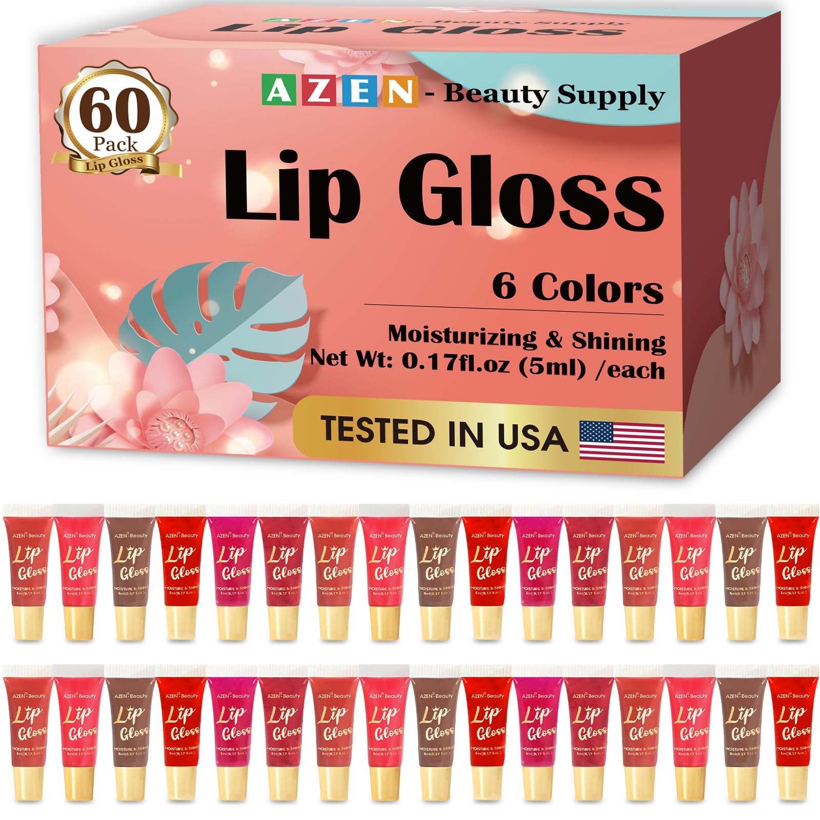 AZEN 60 Pack Lip Gloss Set, Color Lip Oil for Dry Cracked Lips Moisturizing Hydrating Nourishing with Vitamin E