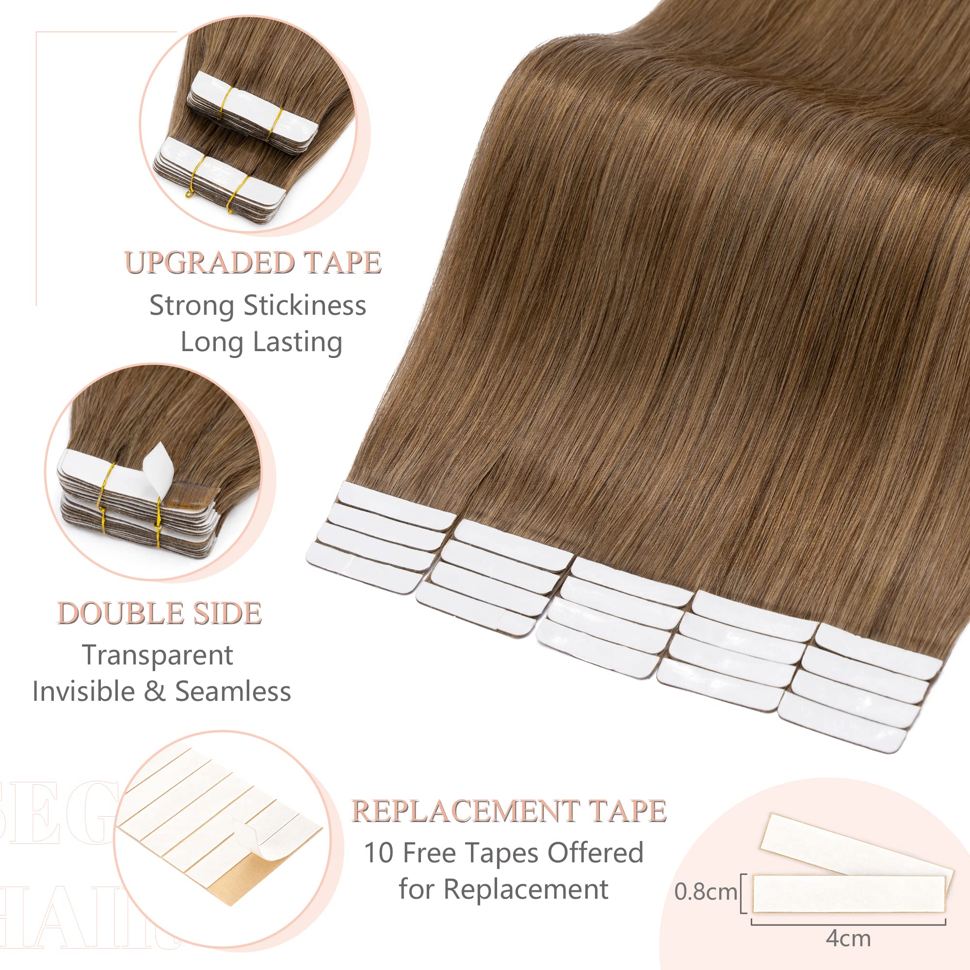 Sego Tape In Hair Extensions Human Hair 18 Inch Light Brown 20Pcs 50G Straight Natural 100% Remy Rooted Seamless Skin Weft Invis