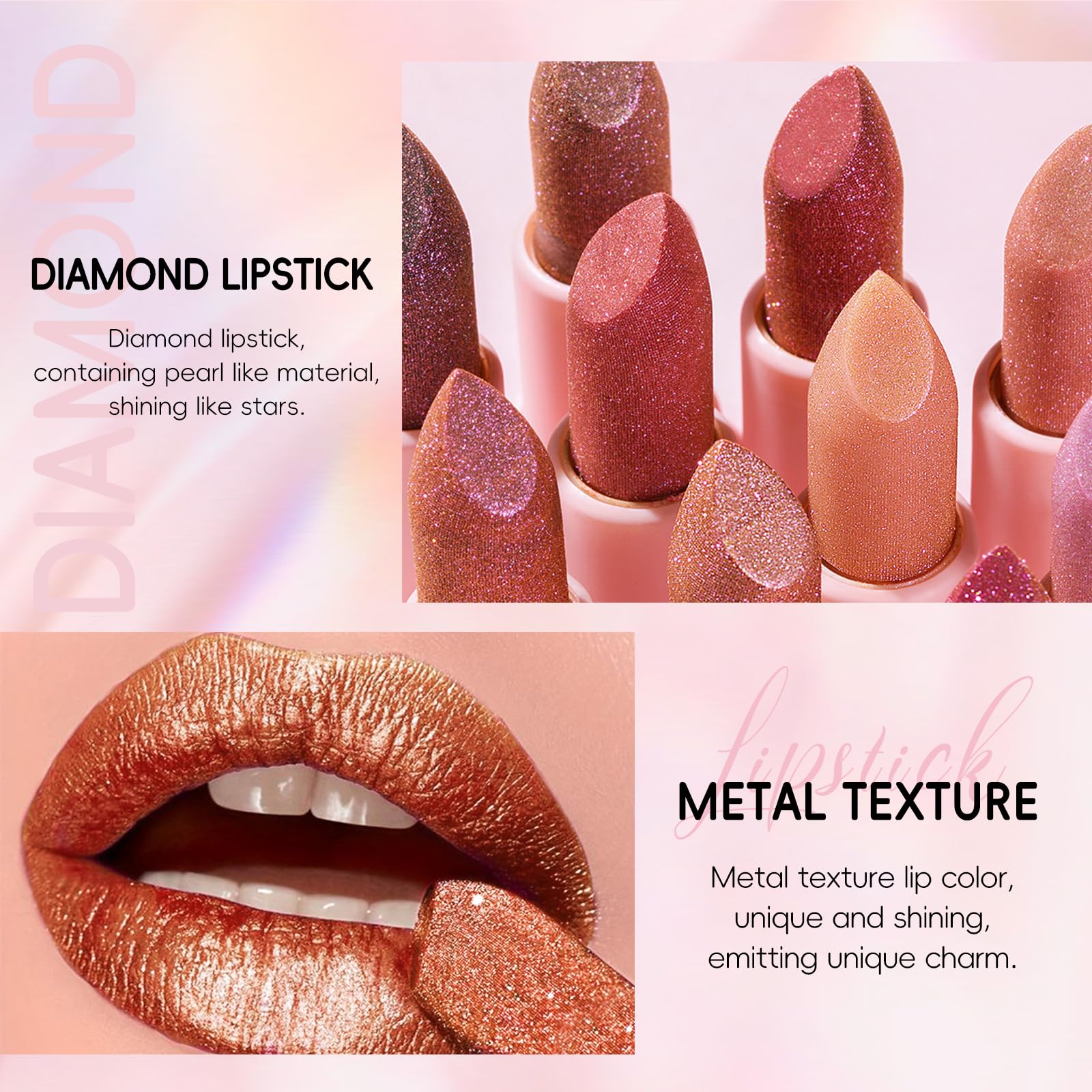 Hosaily Metallic Coral Orange Lipstick Long Lasting, High Shine Glitter Diamond Creamy Lipstick Transfer Proof, Shimmer High Imp