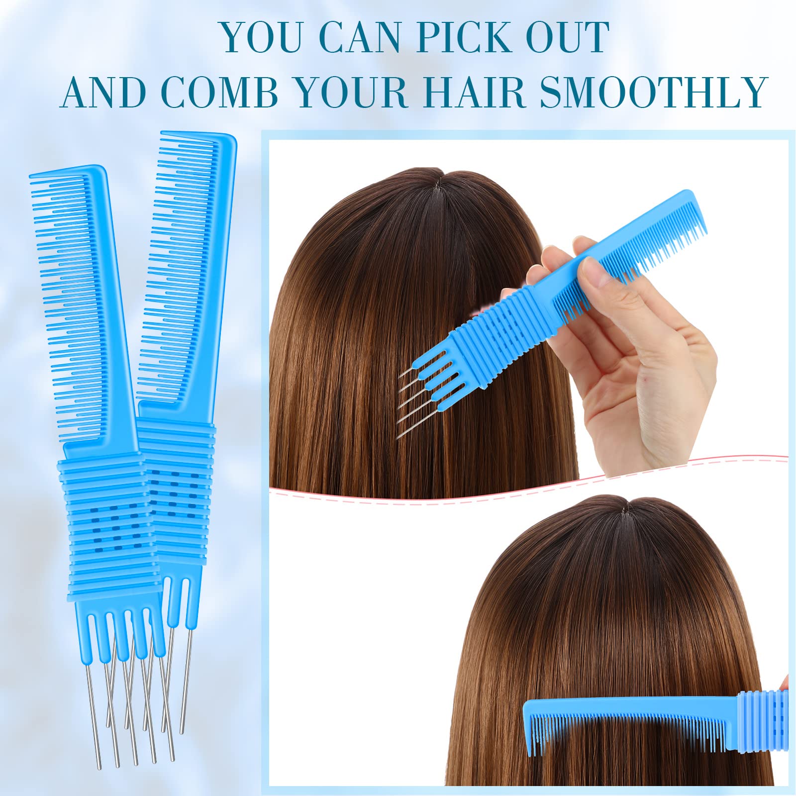 Leinuosen 3 Pack Carbon Lift Teasing Combs With Metal Prong, Hair Pick Comb For Women Hair Styling(Blue)