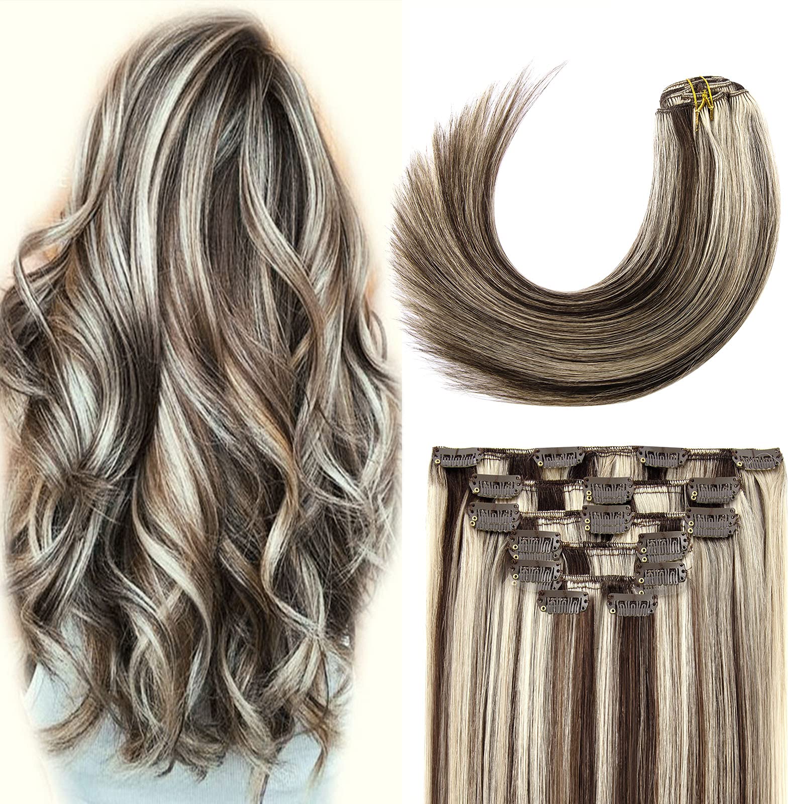 Clip in Hair Extensions 70G Dark Brown to Blonde 100% Remy Human Hair Soft Silky Straight for Fashion Women 7pcs 16clips One Pac