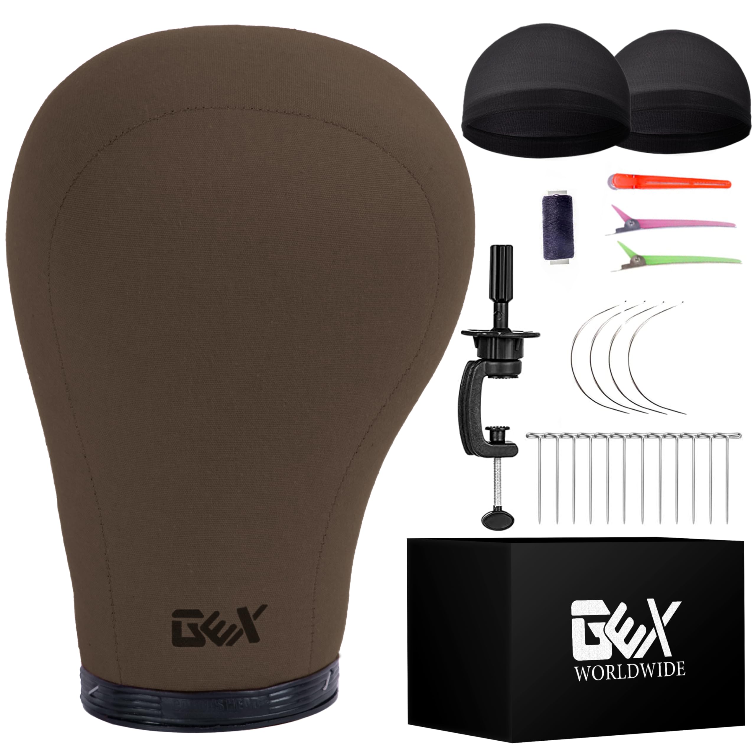 GEX 20''-24'' Canvas Cork Wig Block Mannequin Head for Wig Making Drying Styling Display with Table C Clamp Stand Holder Dark Br