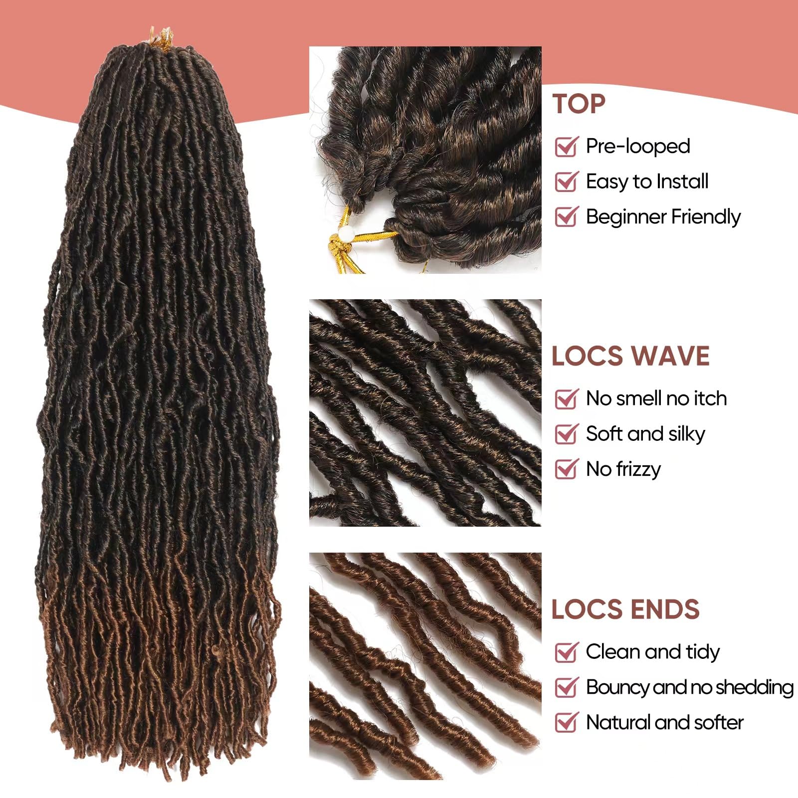 20 Inch Faux Locs Crochet Hair 7 Packs Soft Locs Crochet Braids Hair Pre Looped Goddess Locs Dreadlocs Hair Ombre Brown Hair Ext