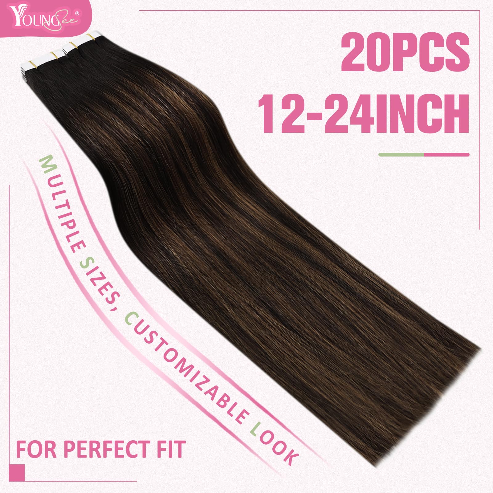 YoungSee Tape in Hair Extensions Real Human Hair Brown Tape Hair Extensions Balayage Dark Brown with Medium Brown Tapein Hair Ex