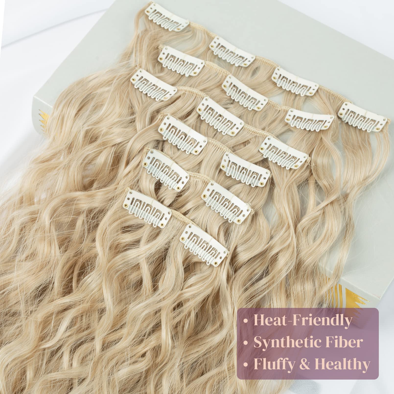 Lonai Clip In Hair Extensions, 6Pcs Curly 24'' Long Synthetic Clip On Hairpiece For Women Natural Ash Blonde
