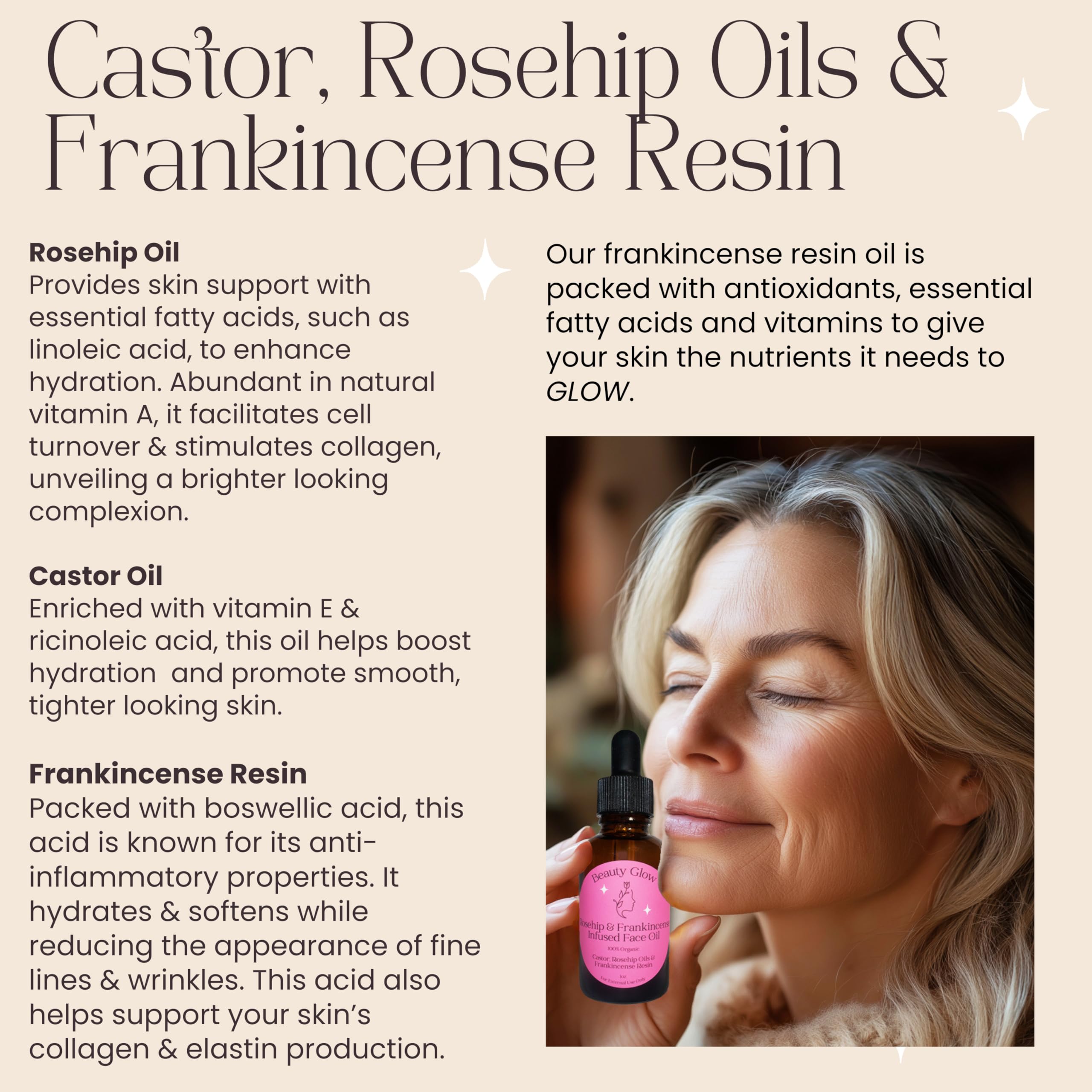 Beauty Glow Frankincense Resin Infused Organic Castor & Rosehip Oils For Face Anti-Aging Miracle Facial Moisturizer Cold Pressed