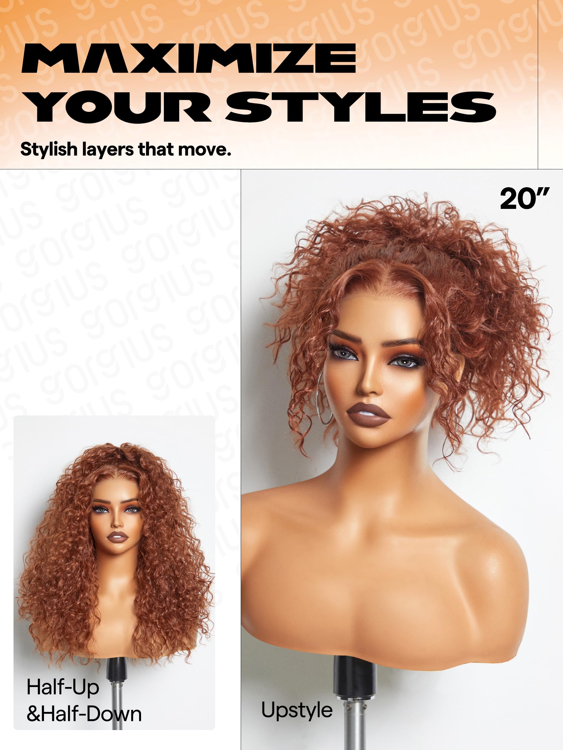 Gorgius Ginger Brown Curly Lace Front Wig Pre Cut Glueless Highlighted Synthetic Wig Deep Curl Middle Part Lace Wig Upgraded Wit