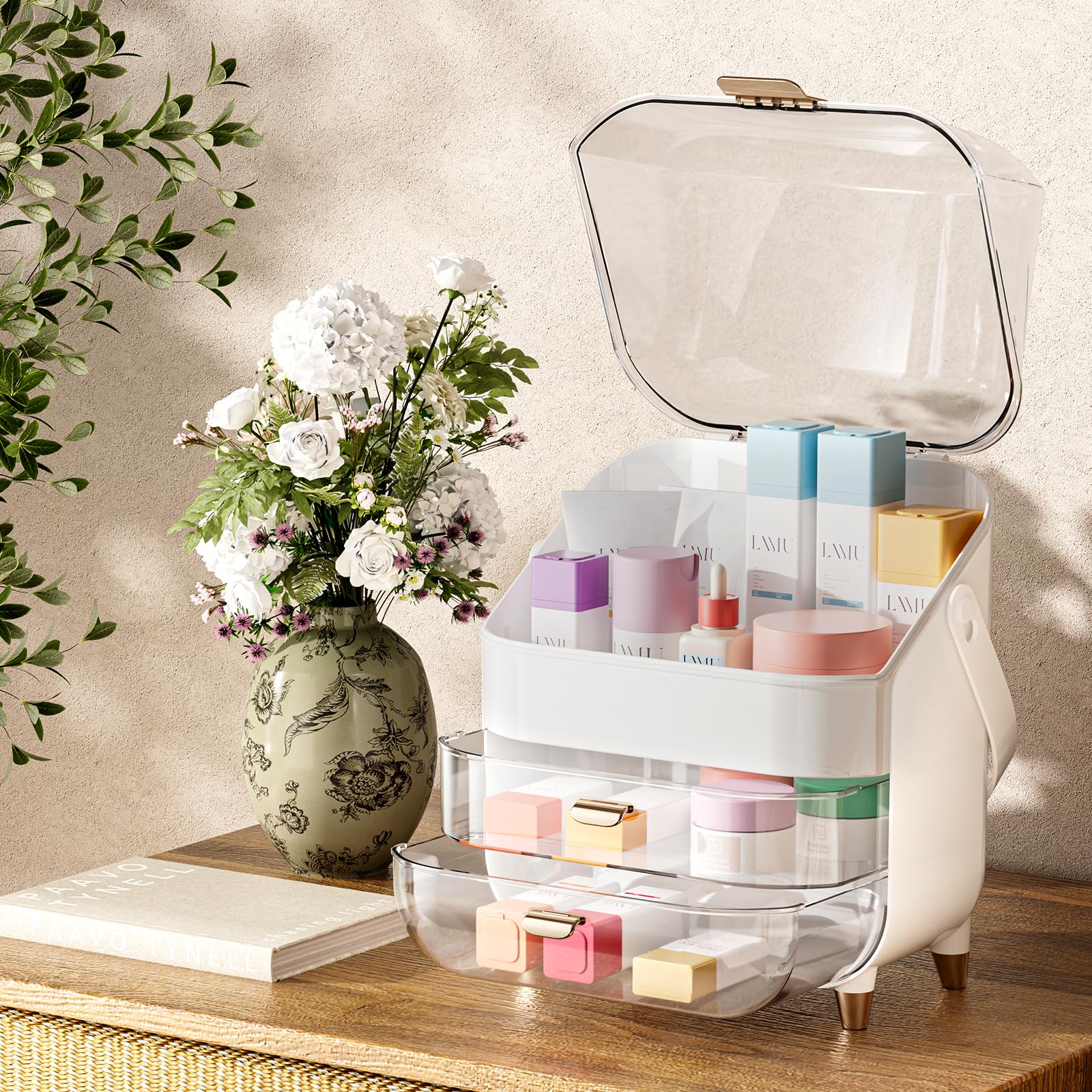 Delamu Makeup Organizer For Vanity, Skincare Organizer With Lid And Drawers, Bathroom Counter Organizer Perfume Makeup Storage,