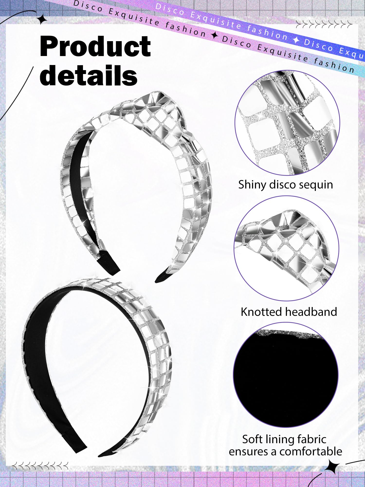 Hoteam 2 Pack Disco Headband 70s 80s 90s Retro Silver Headband Glitter Knotted Disco Headwear Wide Last Rodeo Headpiece Party Bi