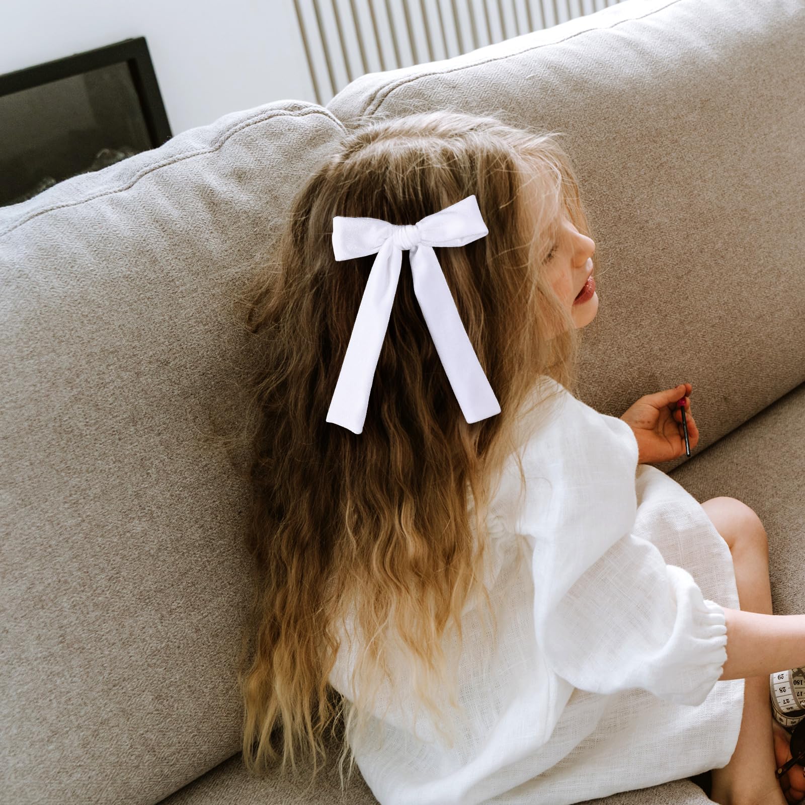 White Velvet Ribbon Hair Bow Clips 5'' Soft Luxury Velvet Hair Bow Set For Toddler Teen Girls Long Ponytail Knot Bows Alligator