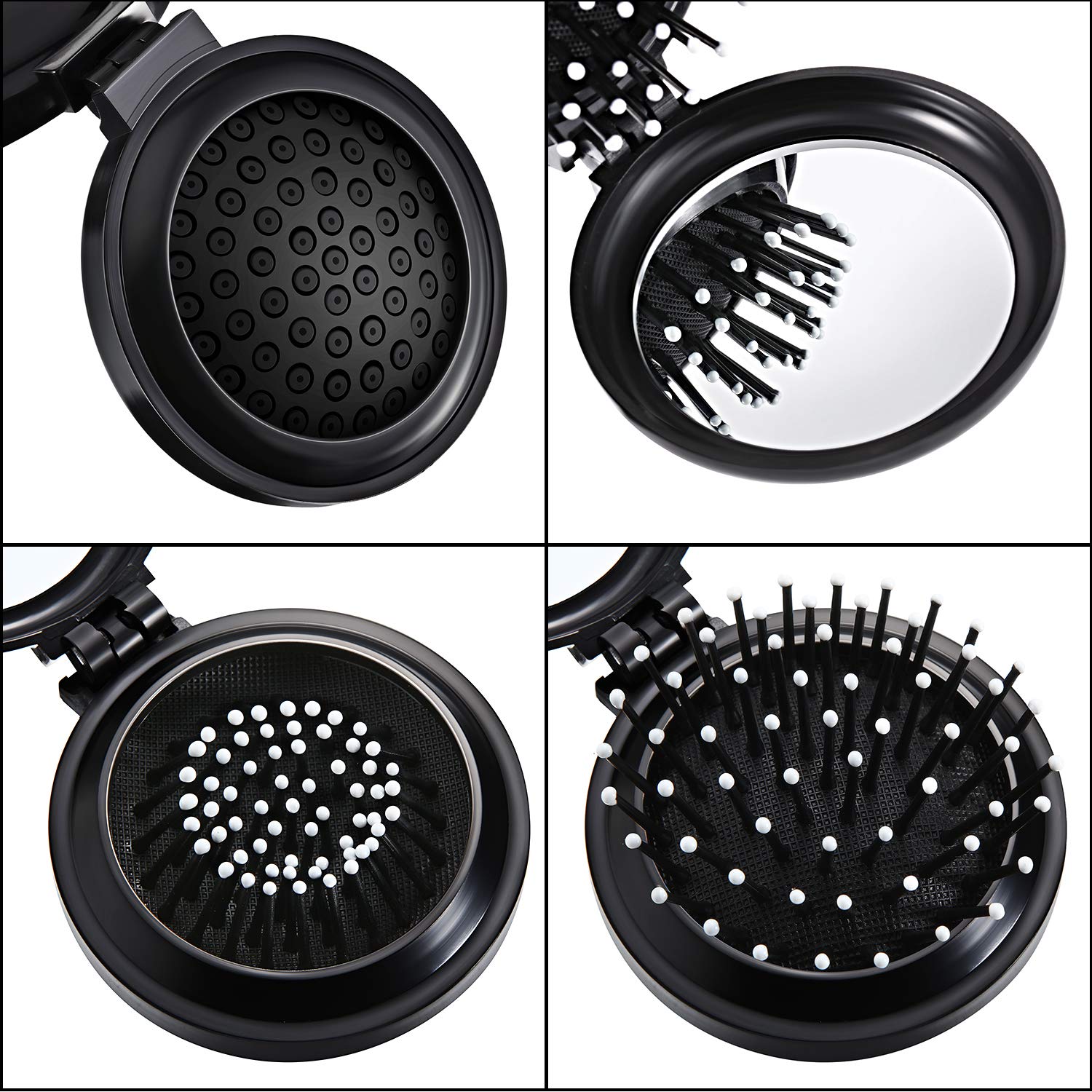 2 Pack Foldable Travel Mirror Hair Brushes Round Portable Folding Pocket Hair Brush Mini Hair Comb Compact Travel Size Hair Mass