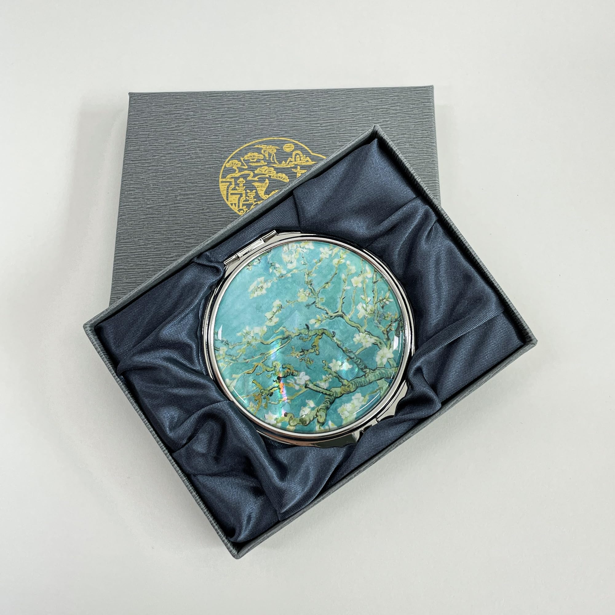 Nacreh Portable Makeup Compact Double Magnifying Mirror Cosmestic Foldable Pocket Style Unique Mother Of Pearl Design (Almond Bl