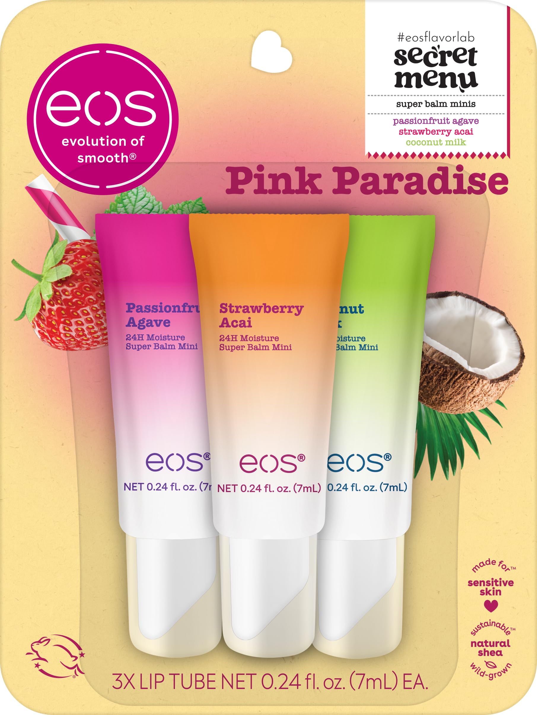 eos 24H Moisture Super Balms Minis- Pink Paradise, Limited-Edition, Nourishing, Dry Lips, Variety Pack, 0.169 fl oz, 3-Pack