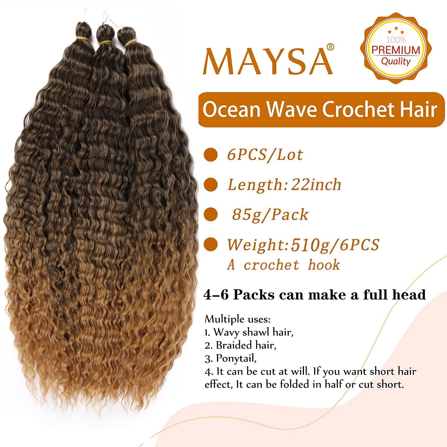 MAYSA Ocean Wave Crochet Hair 22inch Brow Curly Crochet Hair Extensions 6Packs Soft Synthetic Wavy Crochet Hair Extensions for W