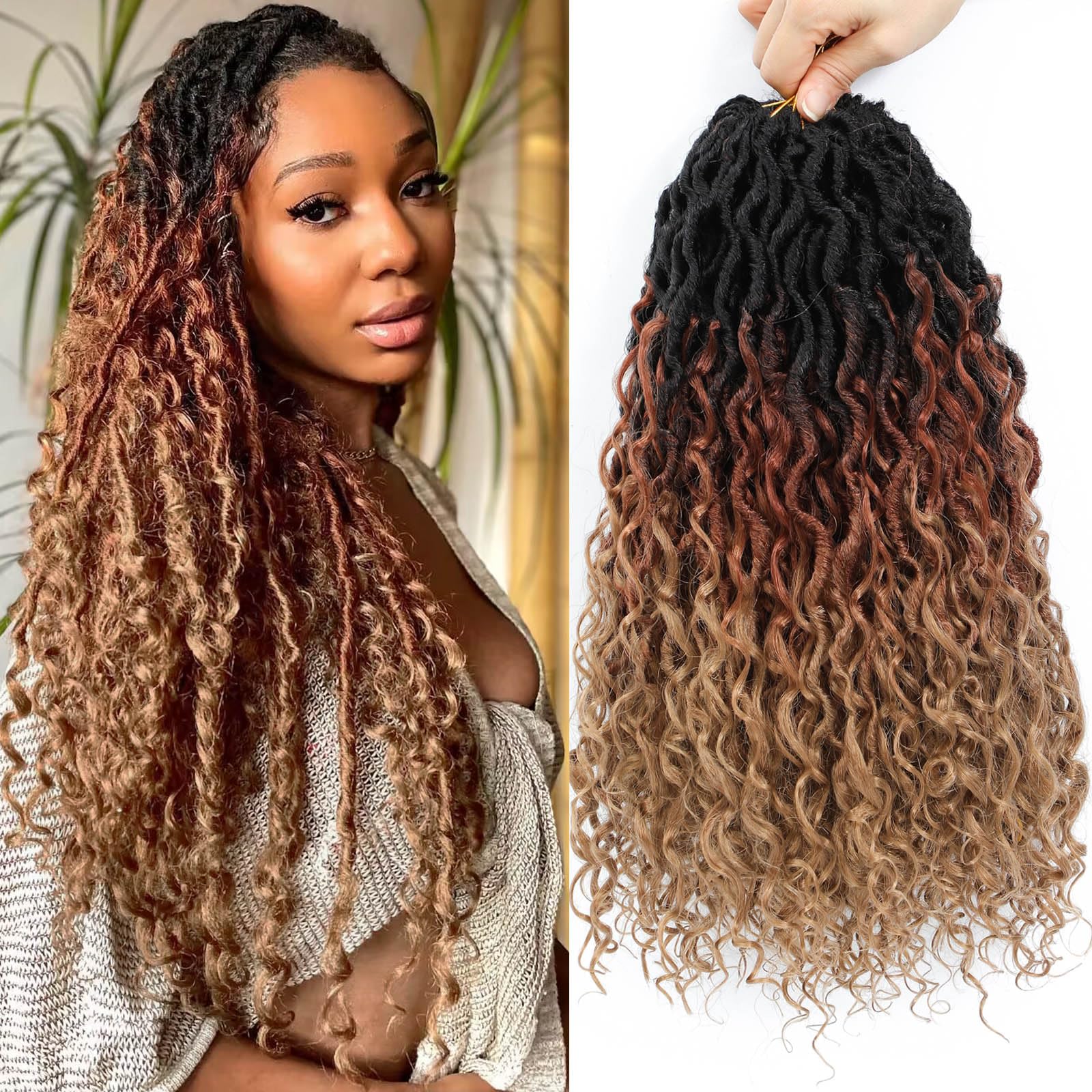 Col Bling Ombre Goddess Locs Crochet Hair 14 Inch 8 Packs Faux Locs Crochet Hair for Women 3 Tone Boho River Locs Crochet Hair w