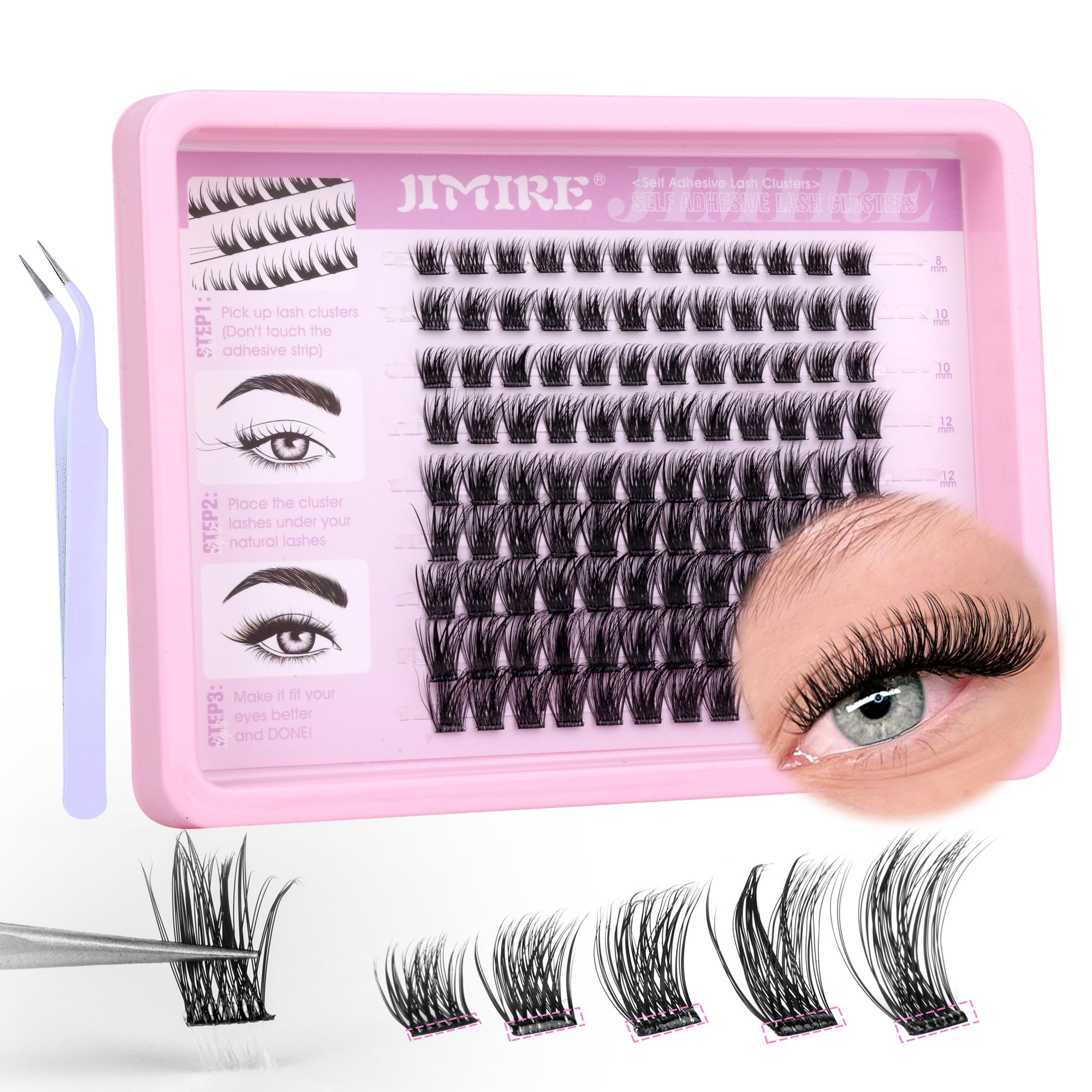 JIMIRE Self Adhesive Eyelashes Natural Wispy 8-16MM Pre Glued Lash Clusters No Glue Needed Press on Lashes with Tweezers Reusabl