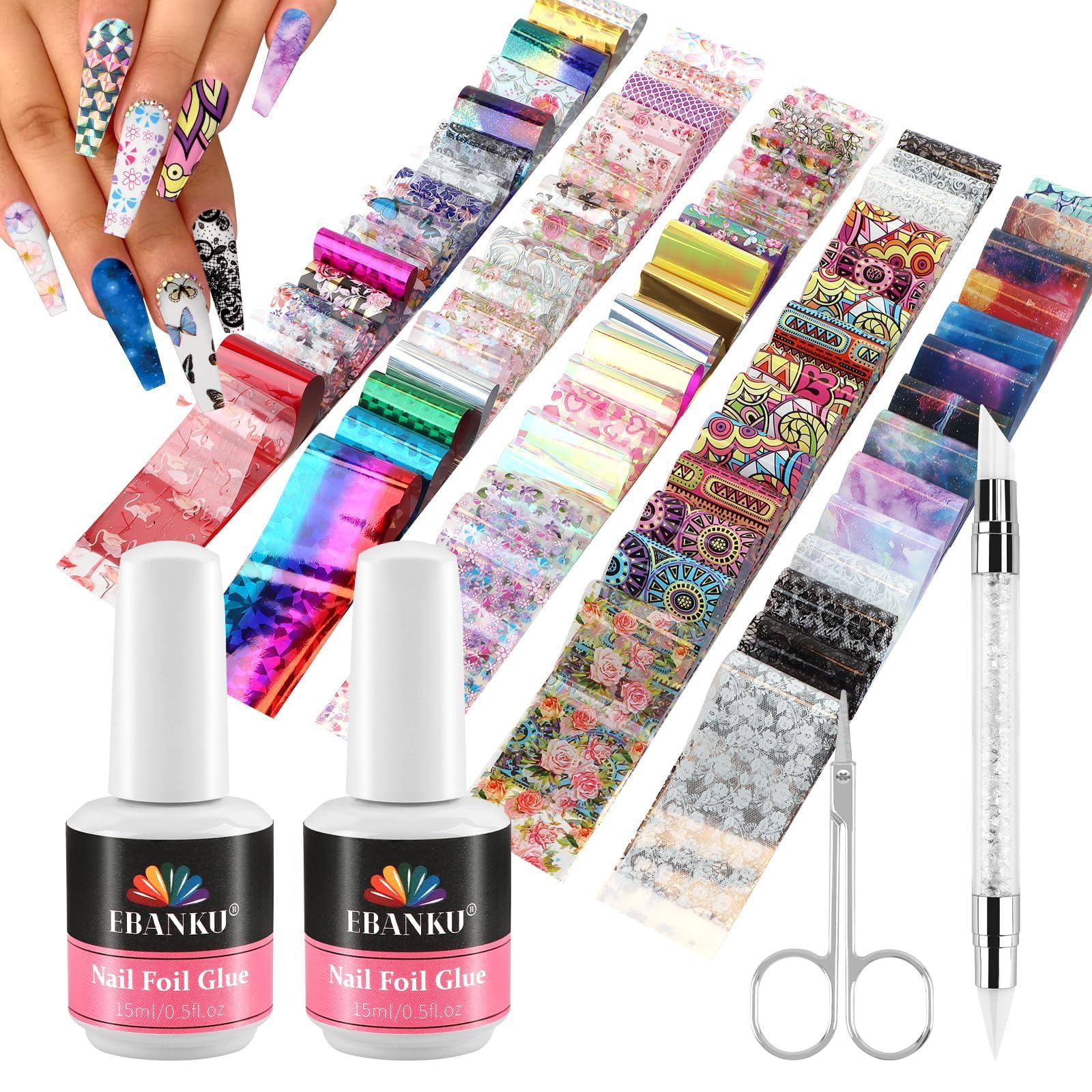 EBANKU 80 Pcs Nail Art Foil with 30ML Nail Foil Glue Gel, Starry Sky Flower Foils Transfer Stickers Foils Gels Polish Set for Sa
