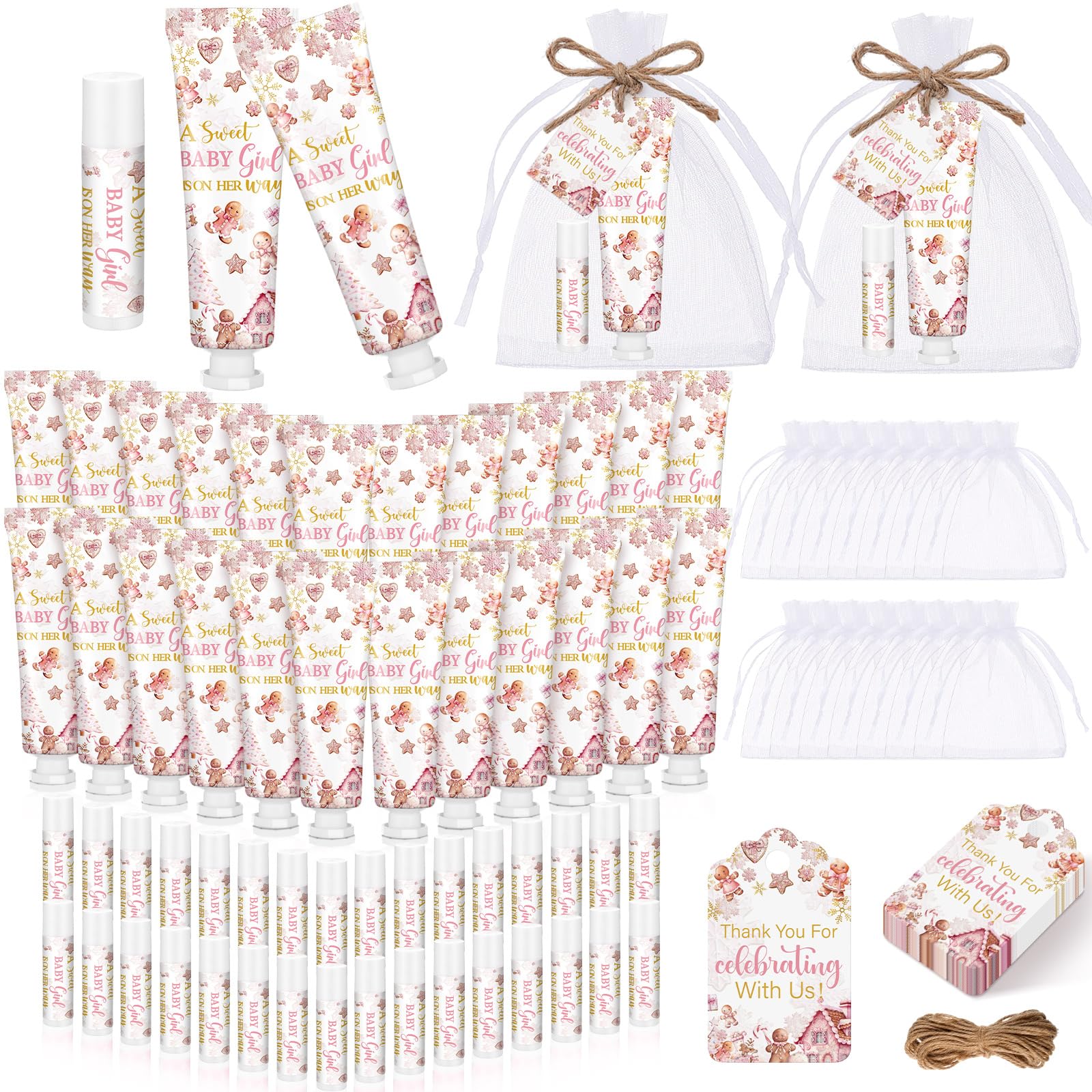 Dansib 24 Sets Christmas Gingerbread Baby Shower Hand Cream and Lip Balm Gift Christmas Baby Shower Party Favors Travel Size Han
