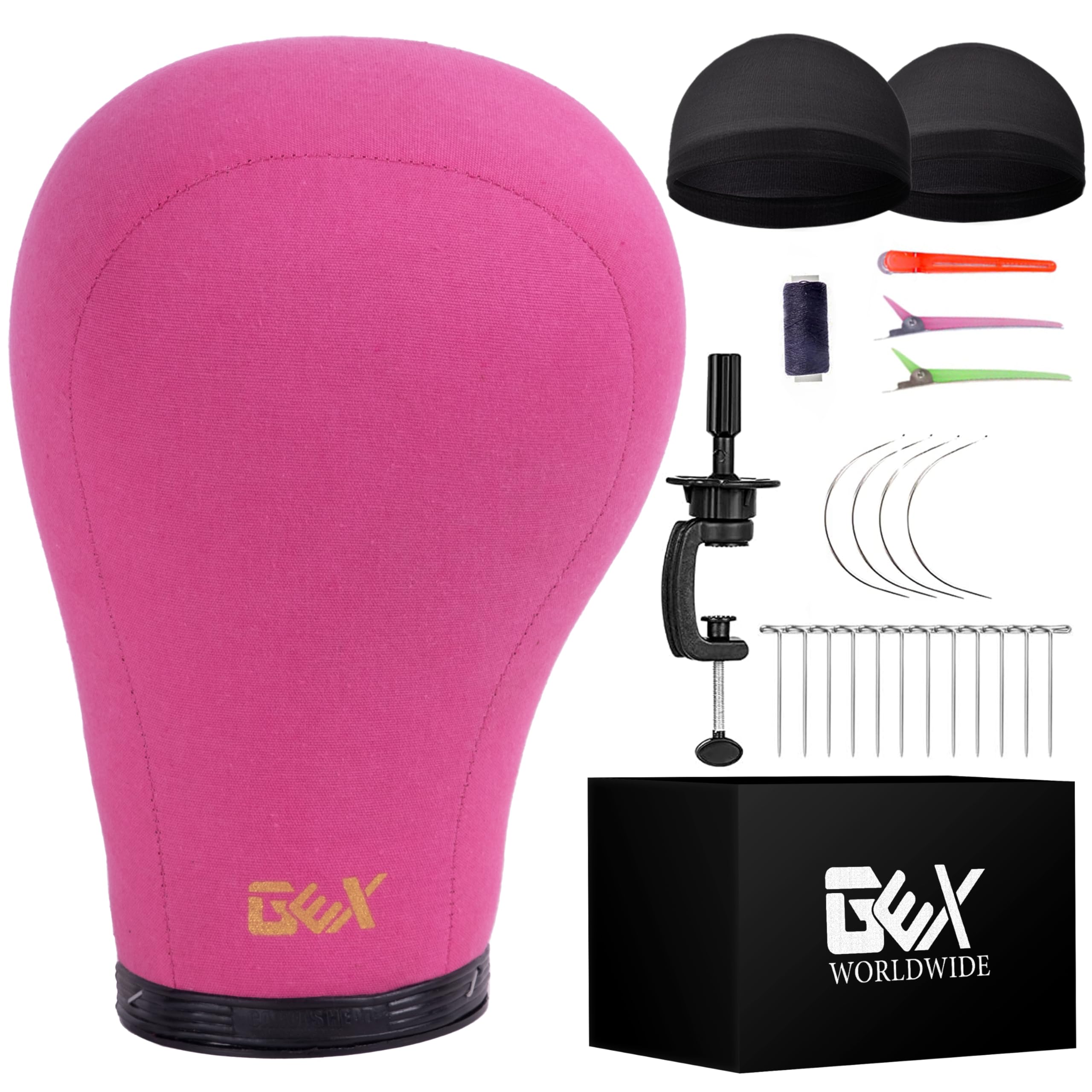GEX 20''-24'' Canvas Cork Wig Block Mannequin Head for Wig Making Drying Styling Display with Table C Clamp Stand Holder (Rosy 2