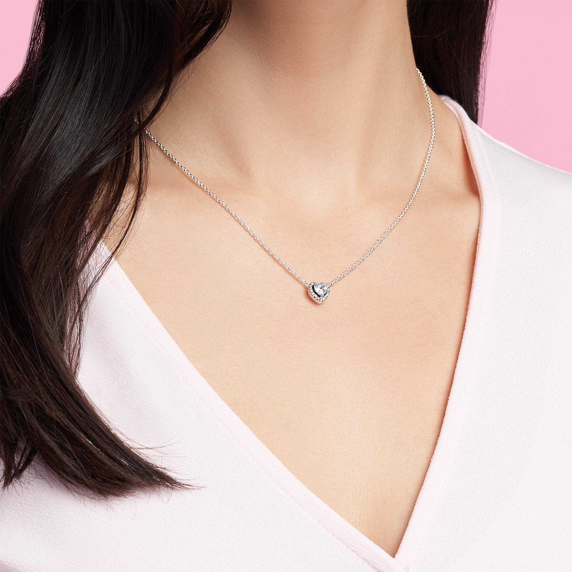 Pandora Jewelry Elevated Heart Cubic Zirconia Necklace in Sterling Silver, 17.7, No Box