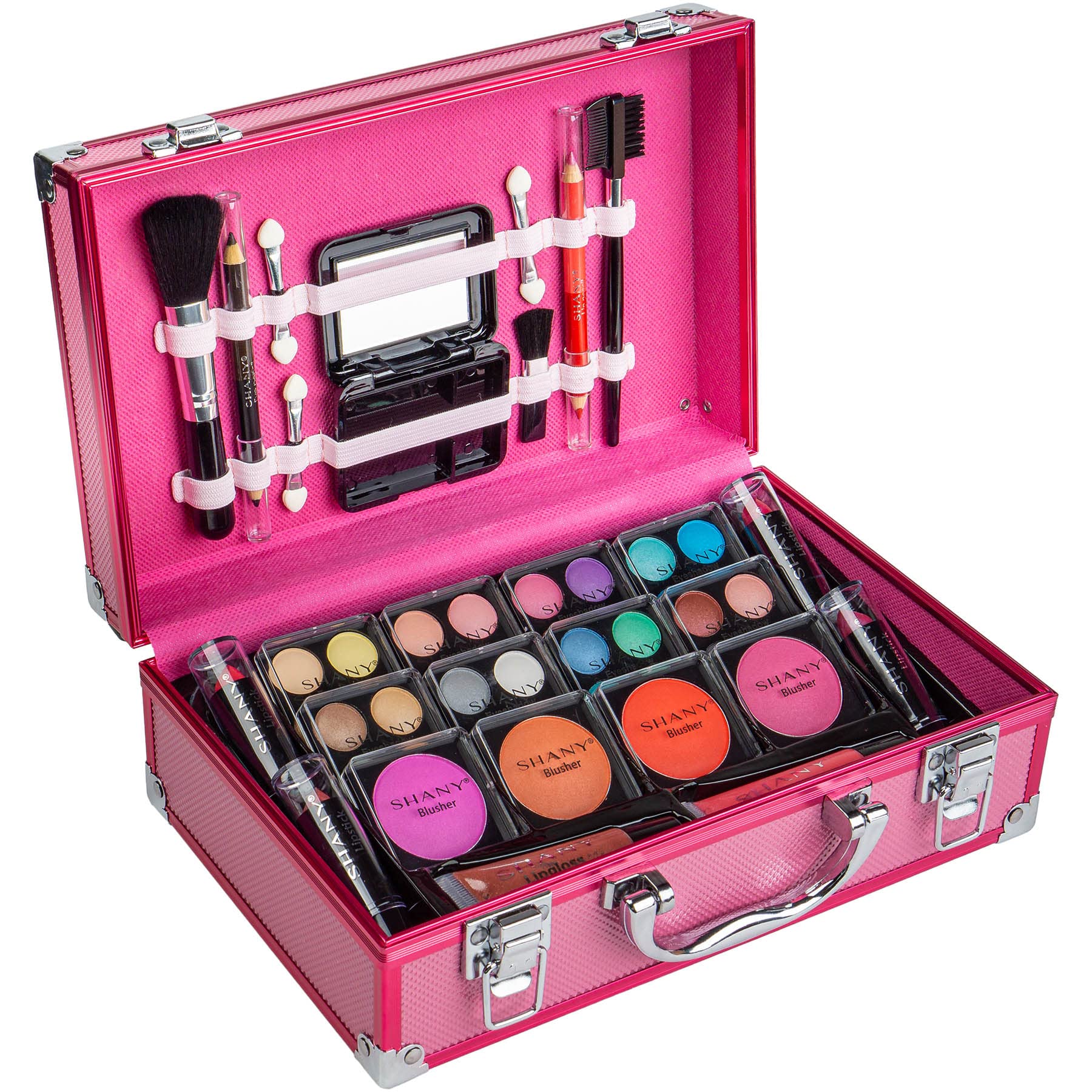 Shany Carry All Makeup Train Case With Pro Makeup Set, Makeup Brushes, Lipsticks, Eye Shadows, Blushes, Powders, And More - Reus