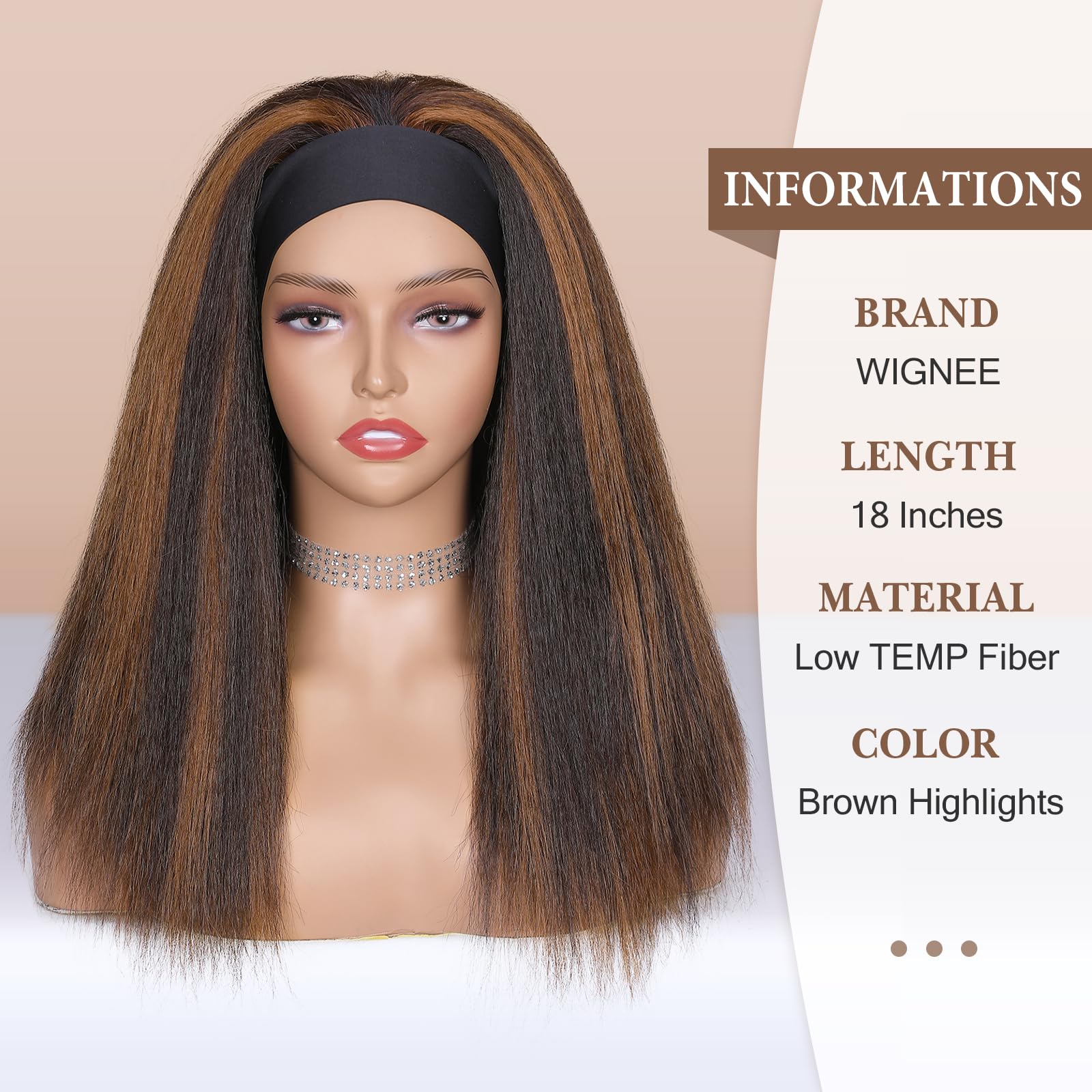 Wignee Kinky Curly Headband Wigs For Women Yaki Straight Wigs With Black Headband For Black Women (2A/30# Highlights, 18 Inch)