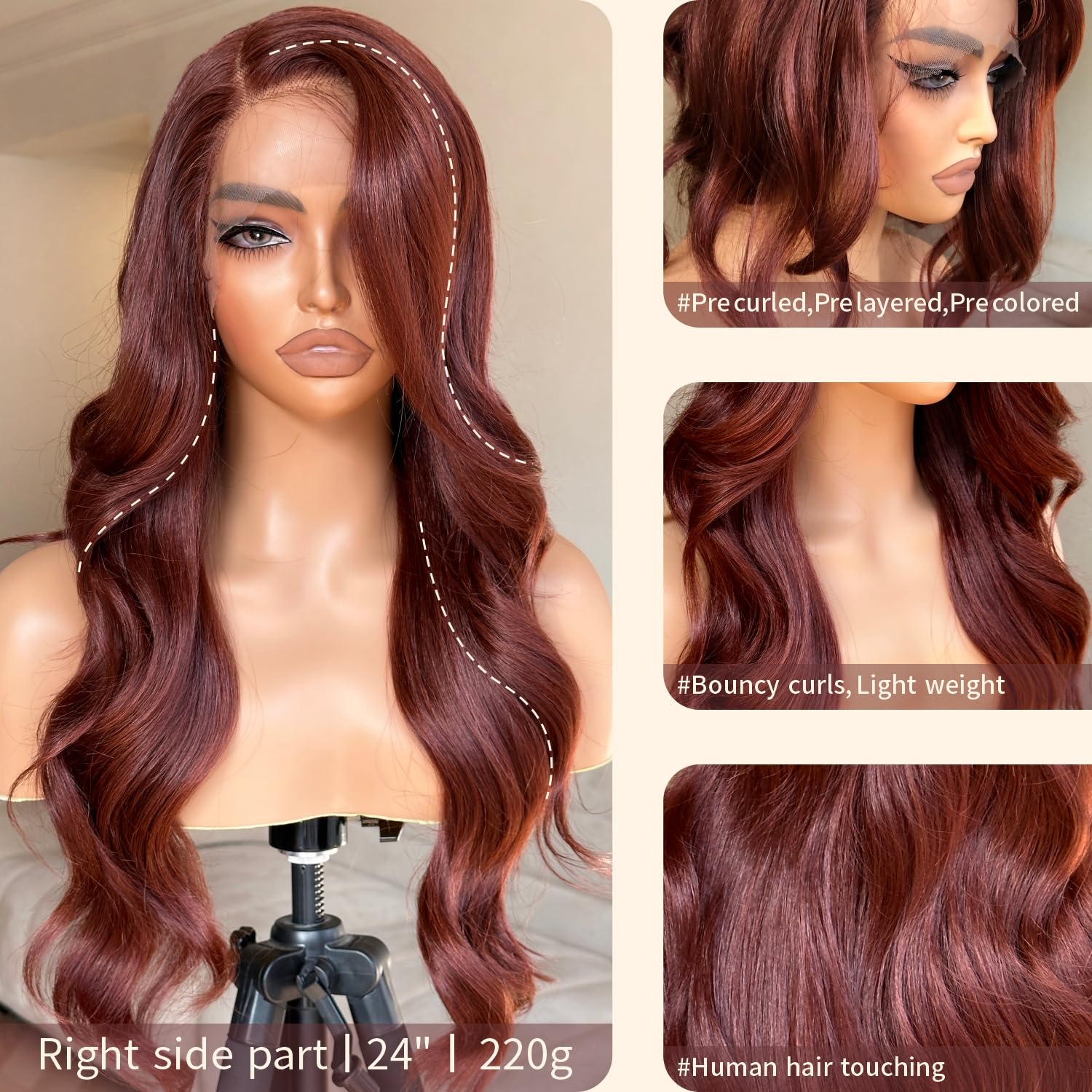 BrownBomb Reddish Brown Lace Front Wigs Natural Hair Luster, Reddish Brown Wig Body Wave Lace Front Wig Pre Plucked Glueless Lac
