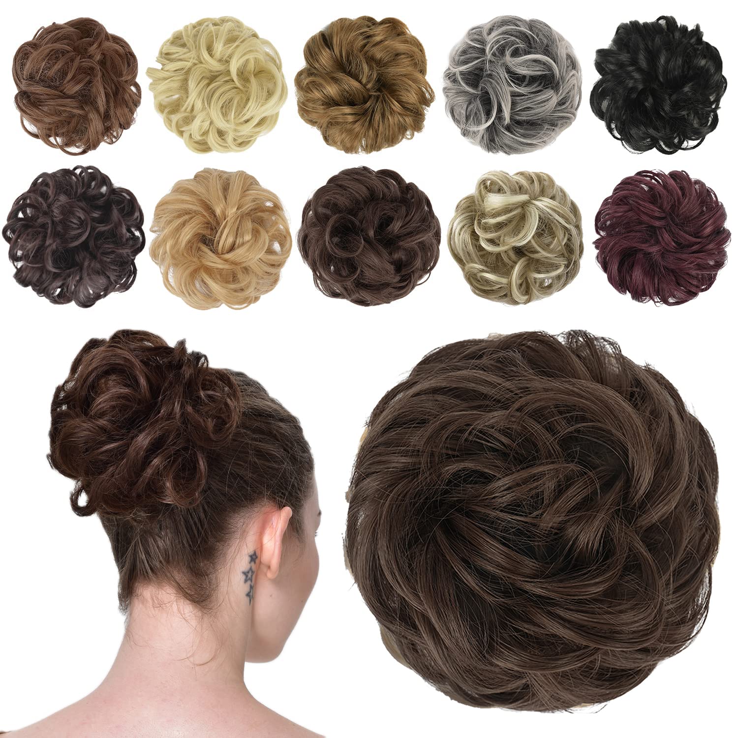 FESHFEN Messy Bun Hair Piece Hair Bun Scrunchies Synthetic Medium Chestnut Brown Wavy Curly Chignon Ponytail Hair Extensions Thi