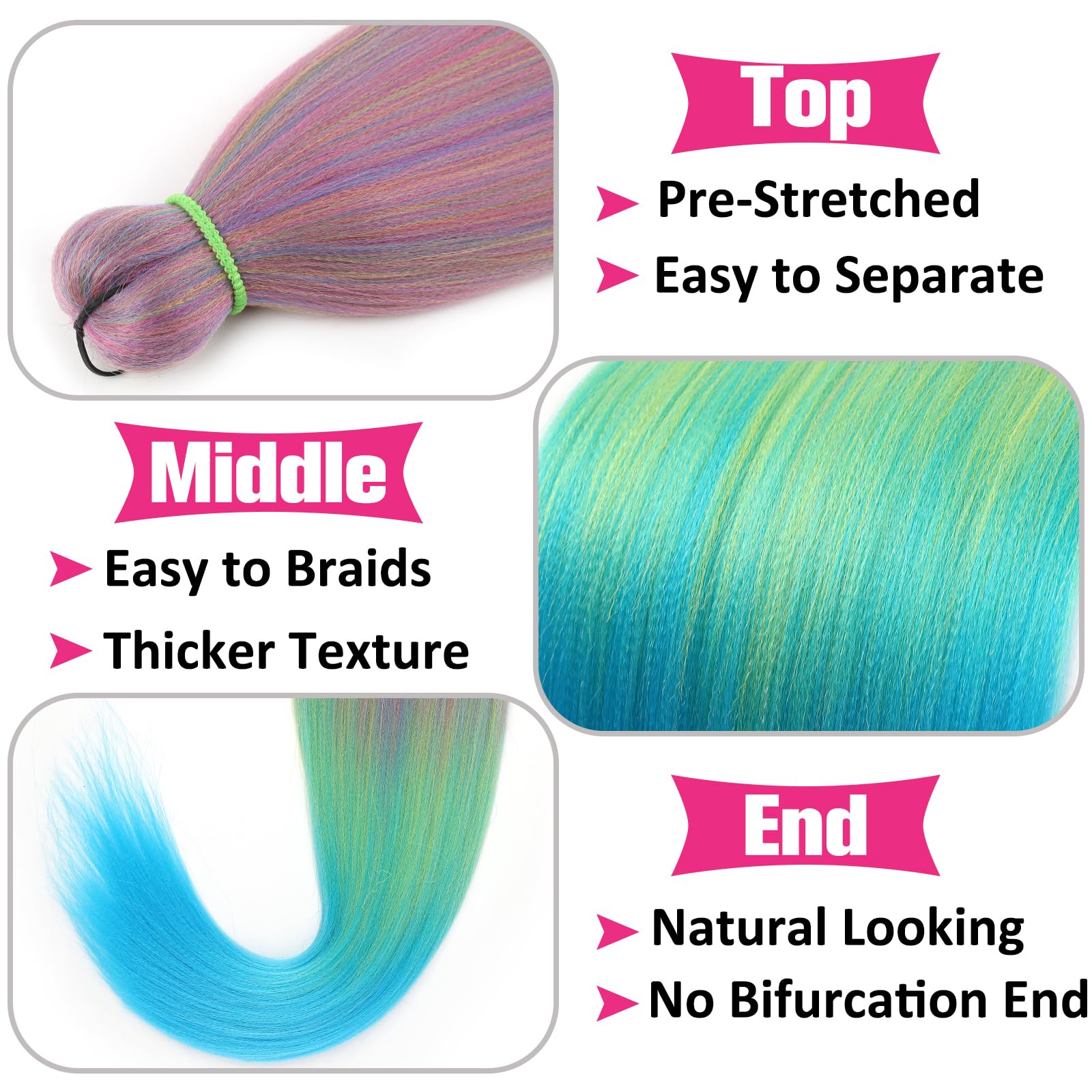 Unionbeauty 26 Inch 2 Packs Pre Stretched Braiding Hair Pink Light Green Blue Ombre Braiding Hair For Box Braids Yaki Texture Ho