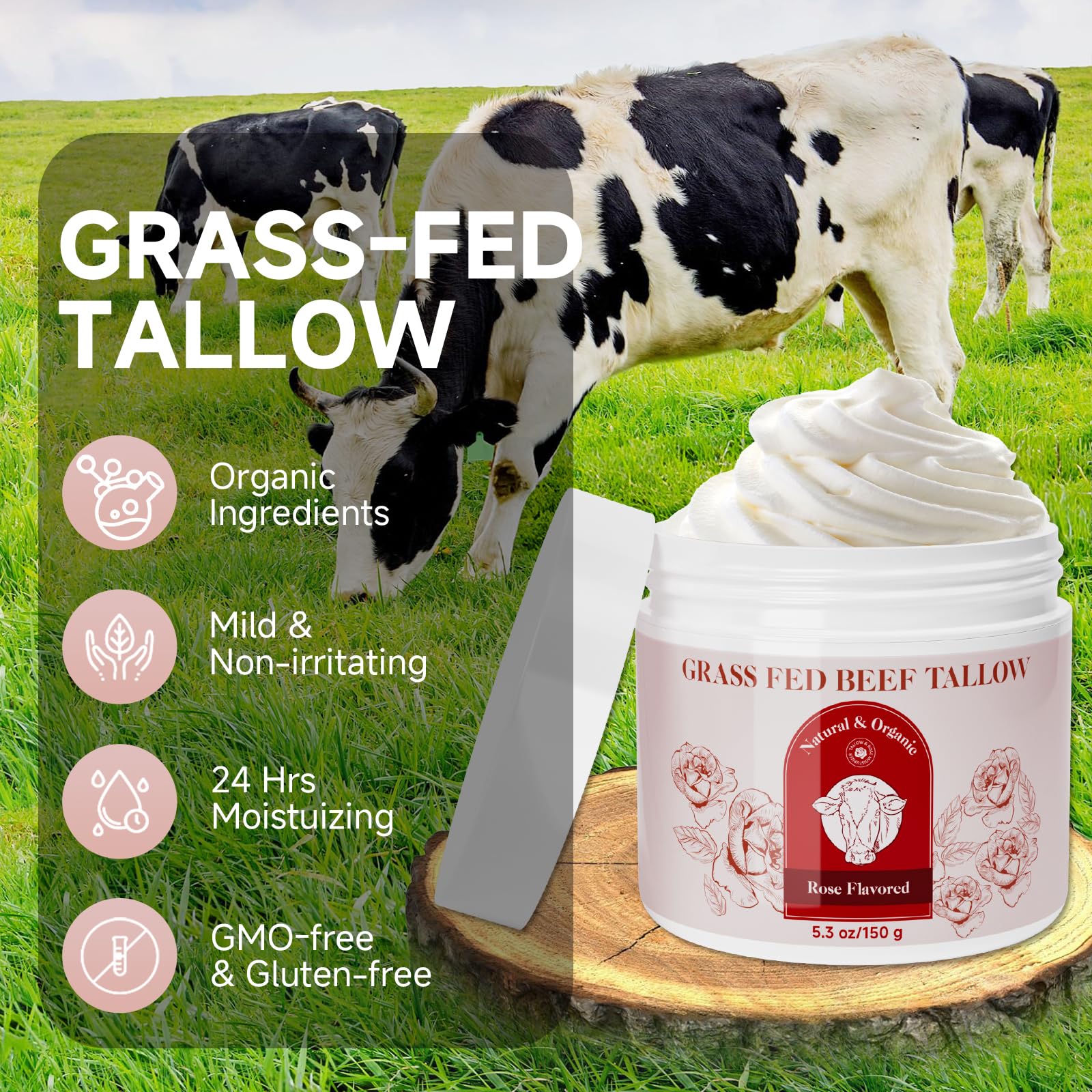 HZENPPOR Beef Tallow for Skin, Whipped Beef Tallow For Skin, Tallow Face Moisturizer, Rose-Flavoured Whipped Tallow Face Cream M