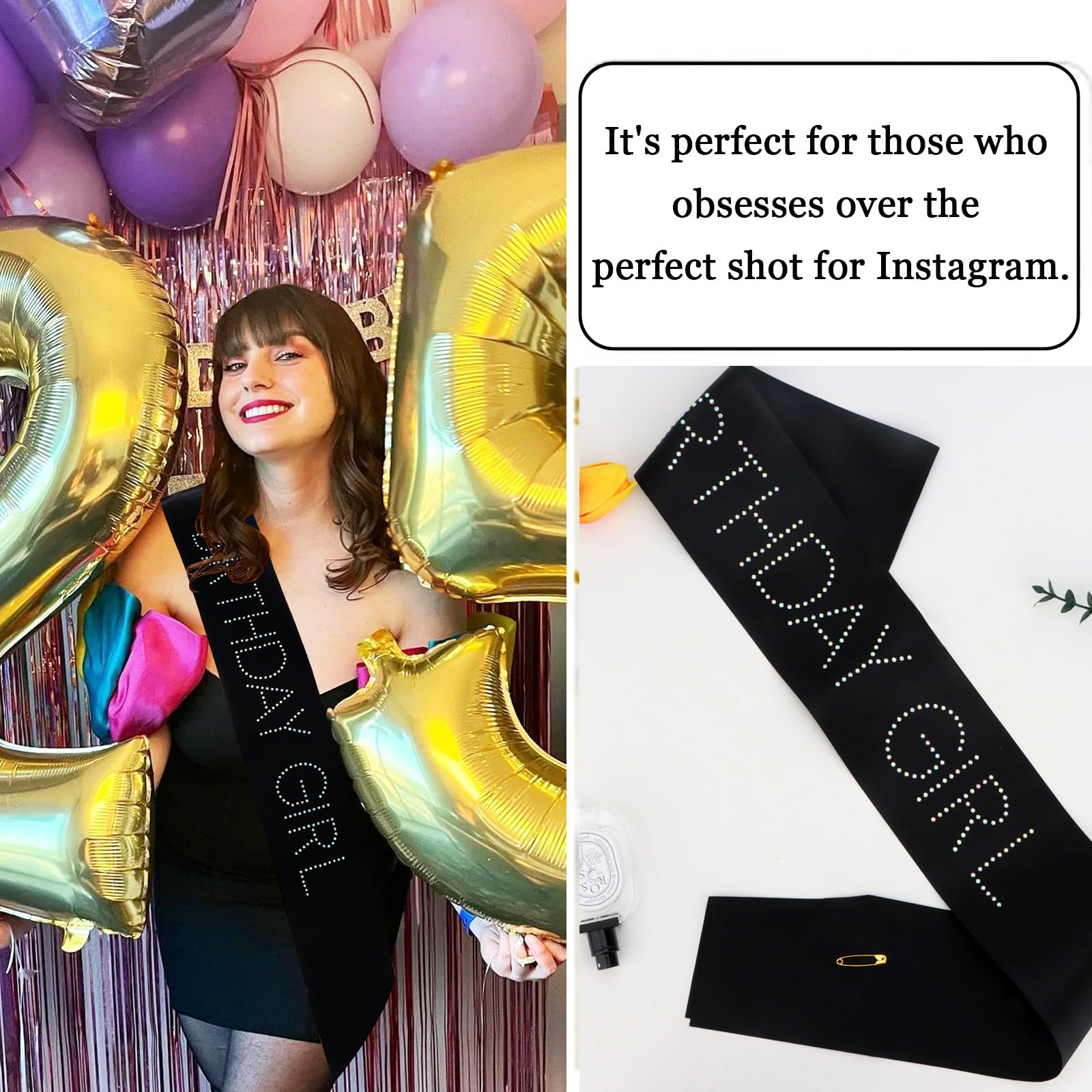 Cieher Birthday Girl Sash Birthday Sashes For Women Girls Black Birthday Sash Rhinestones Birthday Queen Sash Birthday Gifts Bir