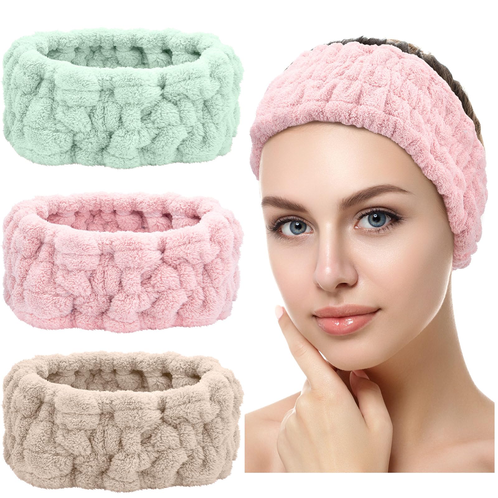 Chuangdi 3 Pieces Terry Cloth Elastic Headbands For Women - Makeup, Face Washing, Yoga, Sports, Shower (Pink, Green, Brown)