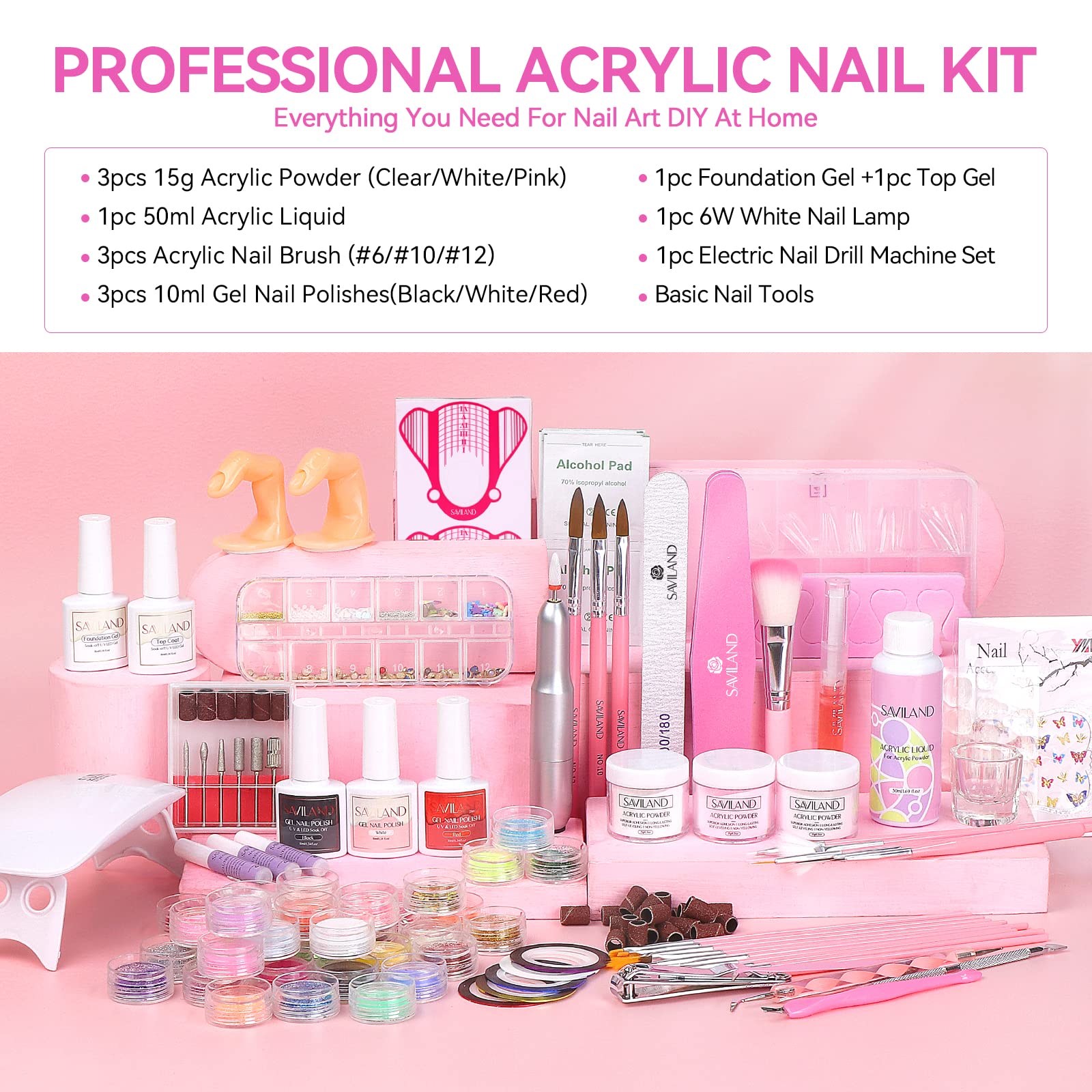 Saviland Acrylic Nail Kit For Beginners: Professional Nail Kit Acrylic Set With Everything Nail Drill Acrylic Powder Monomer Liq
