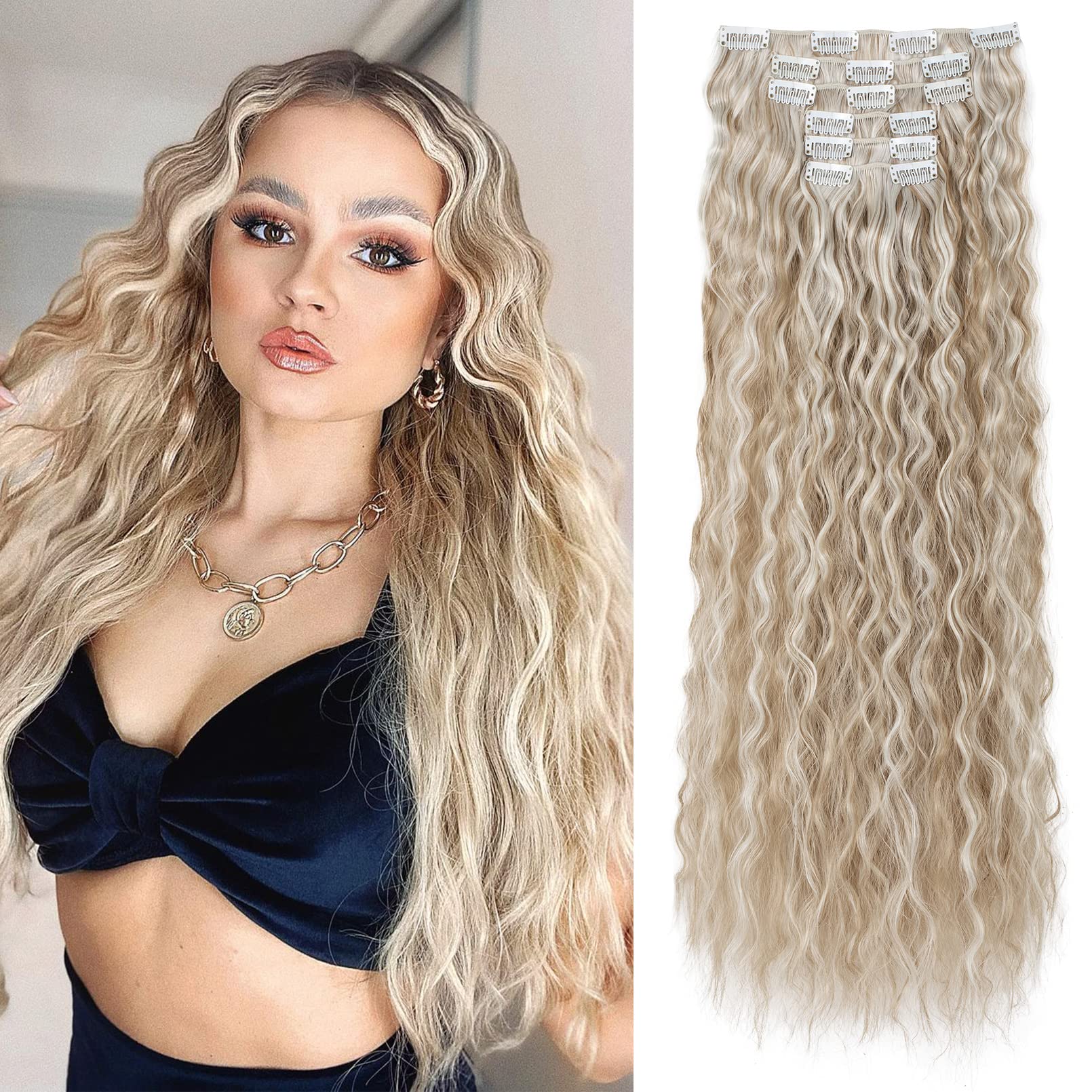 LONAI Clip In Hair Extensions, 6PCS Curly 24 '' Long Synthetic Clip On Hairpiece For Women-Light Blonde with White Blonde Highli