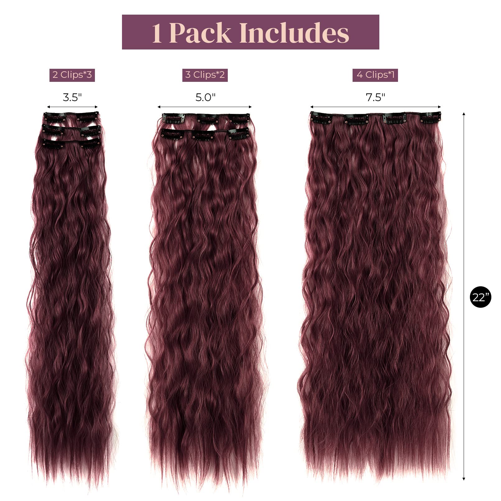 LONAI Clip In Hair Extensions, 6PCS Curly 24 '' Long Synthetic Clip On Hairpiece For Women-Burgunry