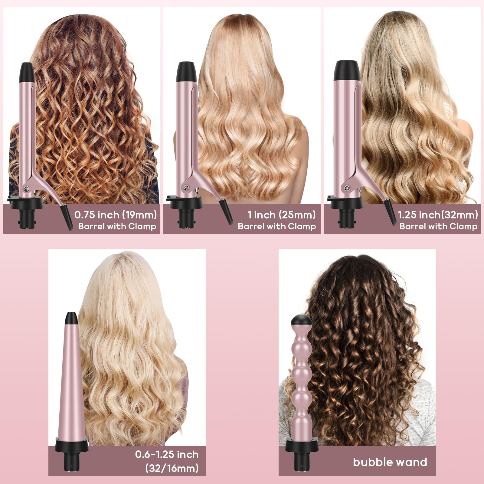 Prizm Curling Iron Set With Clamp,5 Interchangeable Barrel Curling Wand,Hair Wand 11 Lcd Adjustable Temp,0.6 To 1.25 Inch,Bubble