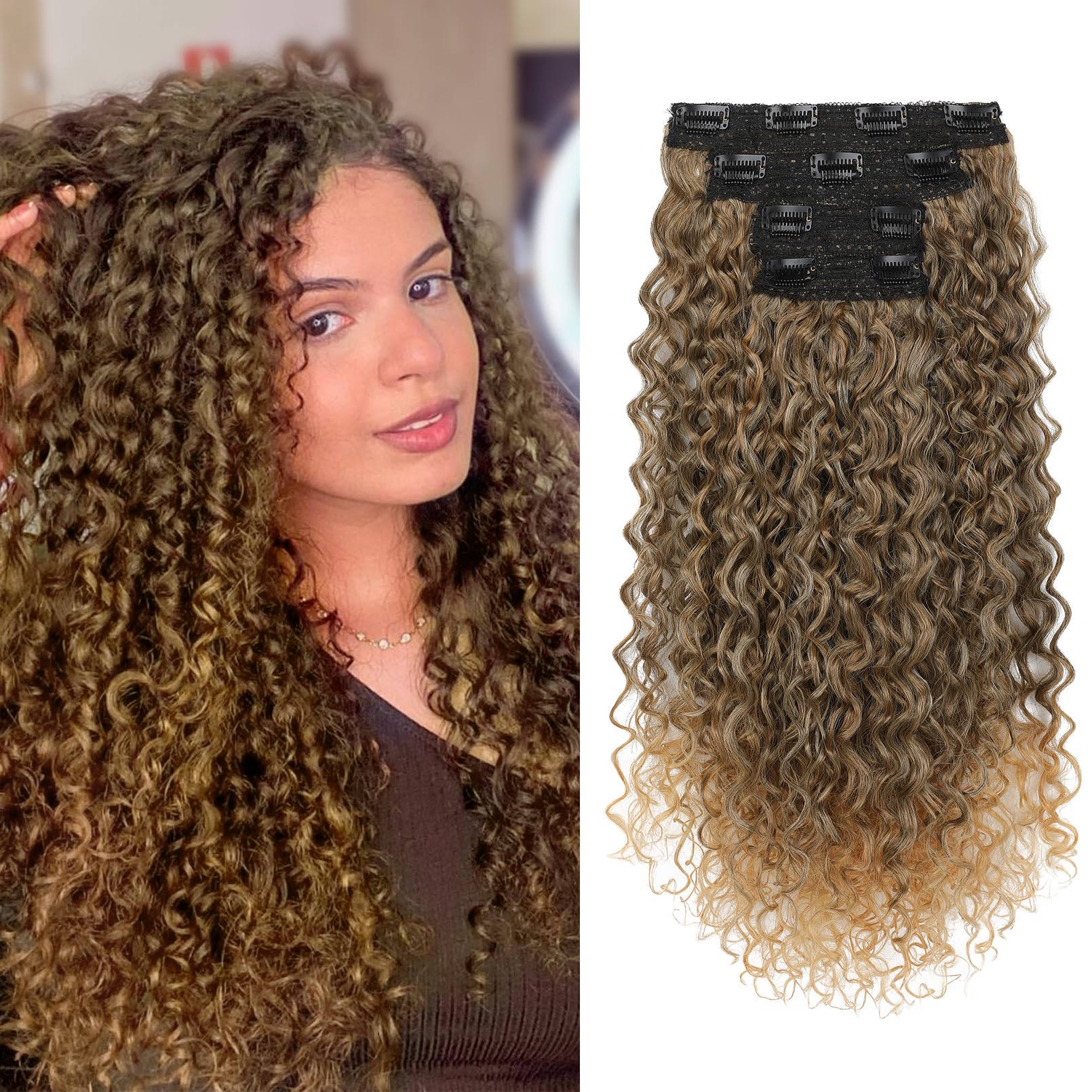 Clip in Hair Extensions, FLUFYMOOZ 4PC 100% Pure Protein Silk Hair Extensions Long Soft Natural Hairpiece 20 Inch Curly Hair Ext