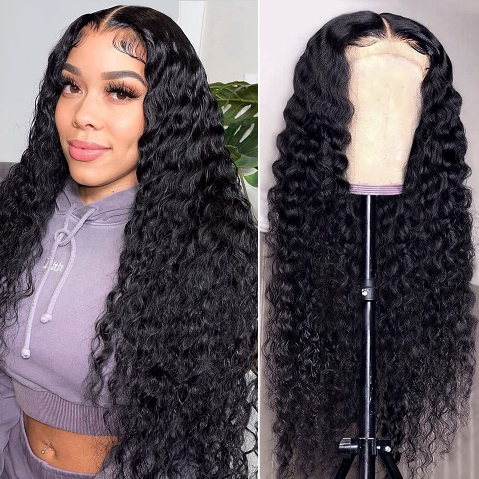 AISI Deep Wave Lace Closure Wigs Human Hair for Black Women 180% Density Glueless Brazilian Virgin Human Hair Wet and Wavy Lace 