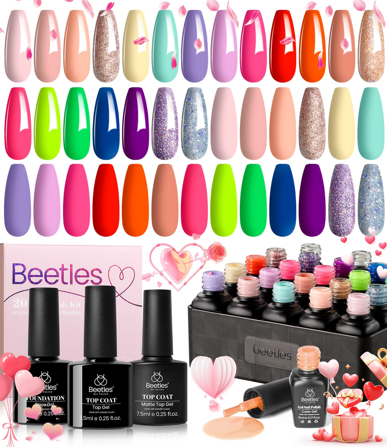 Beetles Spring Gel Nail Polish Set 23Pcs Pastel Bright Colors Gel Polish Kit Red Hot Pink Neon Gel Polish with Base Gel Top Coat