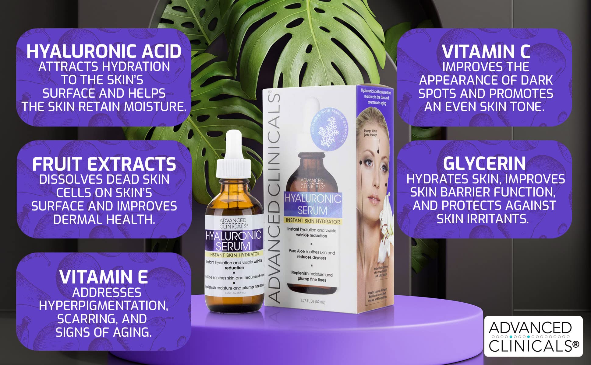Advanced Clinicals Hyaluronic Acid Face Serum Skin Care Facial Moisturizer To Restore Skin, Anti Aging Face Serum For Wrinkles,