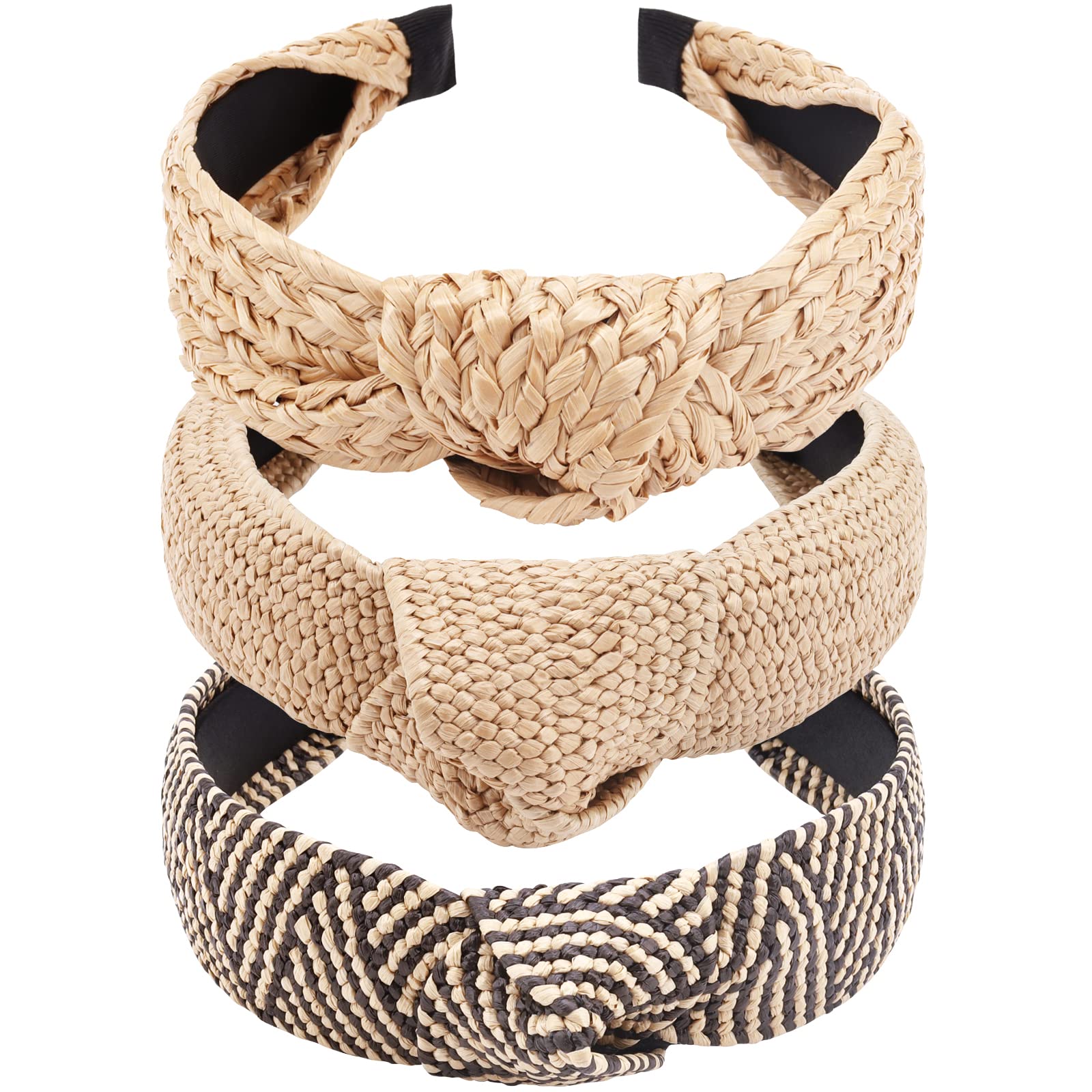 TOBATOBA Straw Headband for Women, 3Pcs Top Knot Headband, Summer Beach Headbands, Raffia / Rattan Headband, Boho Woven Headband