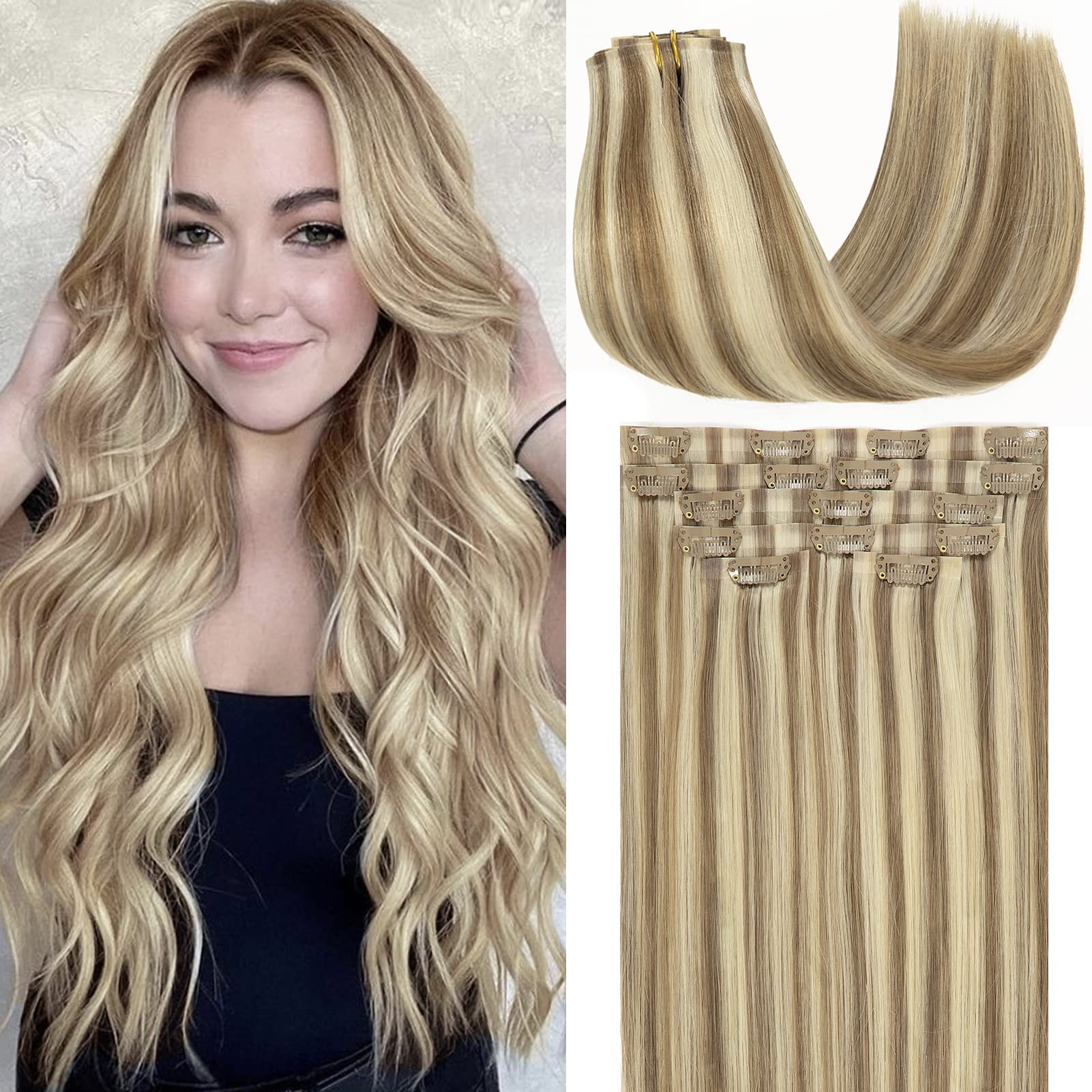Loxxy Human Hair Extensions Clip in Piano Light Brown Mixed With Platinum Blonde 110Gram 7PCS Seamless Hair Extensions Clip in H