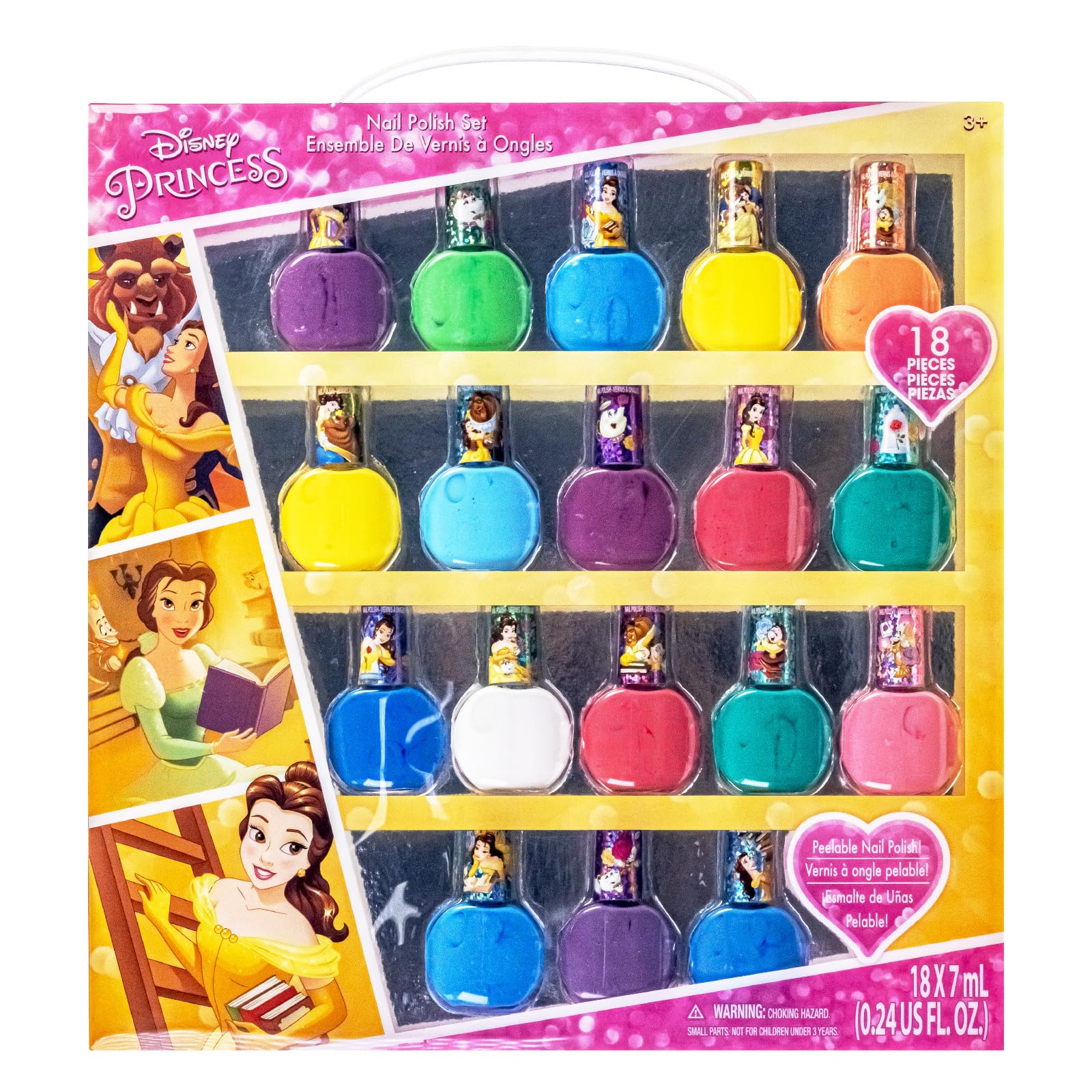 Townley Girl Disney Princess Belle 18 Piece Water-Based Nail Polish Set, Quick Dry and Peels-Off, Nail Paint Set for Girls, Perf