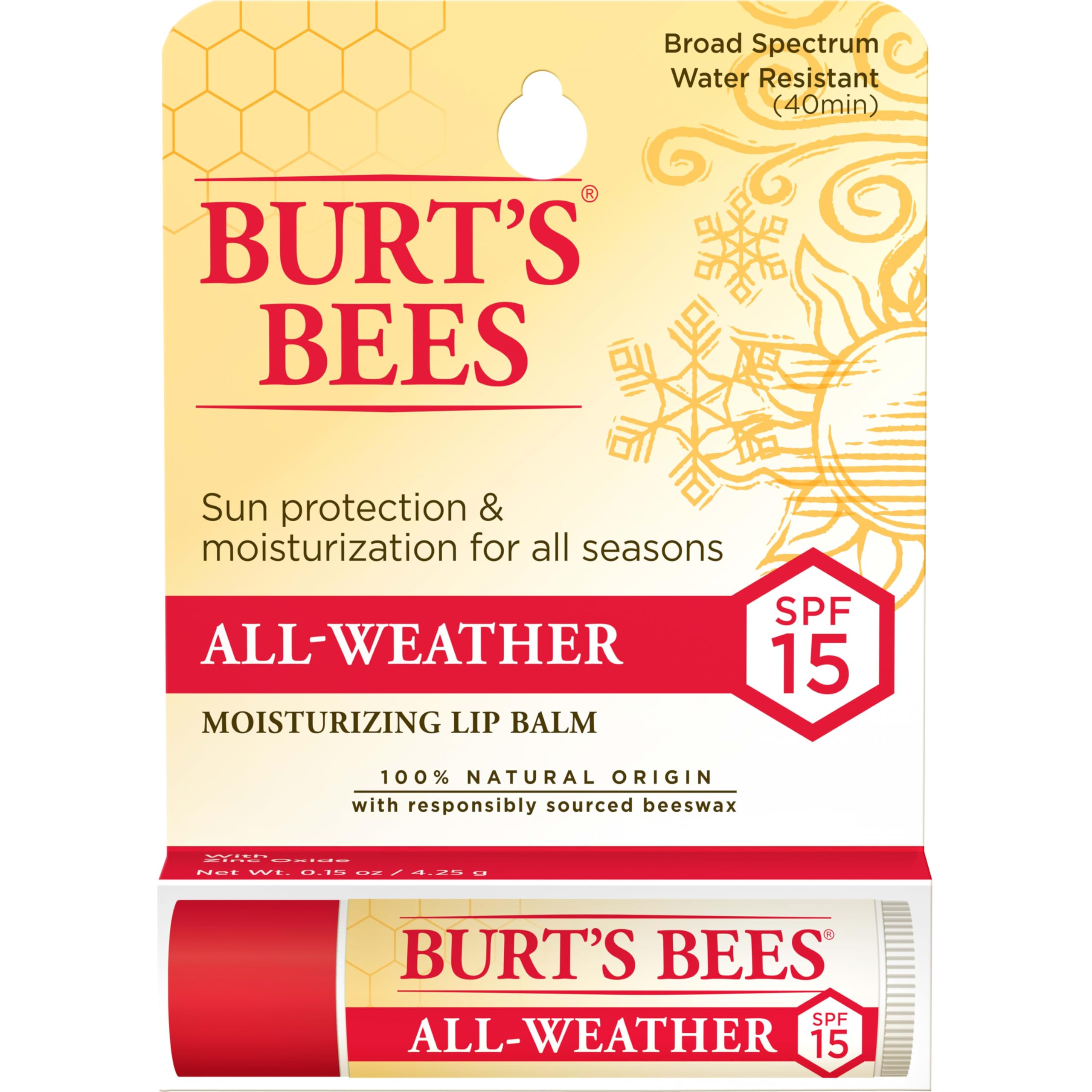 Burt'S Bees All Weather Spf 15 Lip Balm, Water-Resistant Lip Moisturizer, Tint-Free, Natural Conditioning Lip Treatment, 1 Tube,