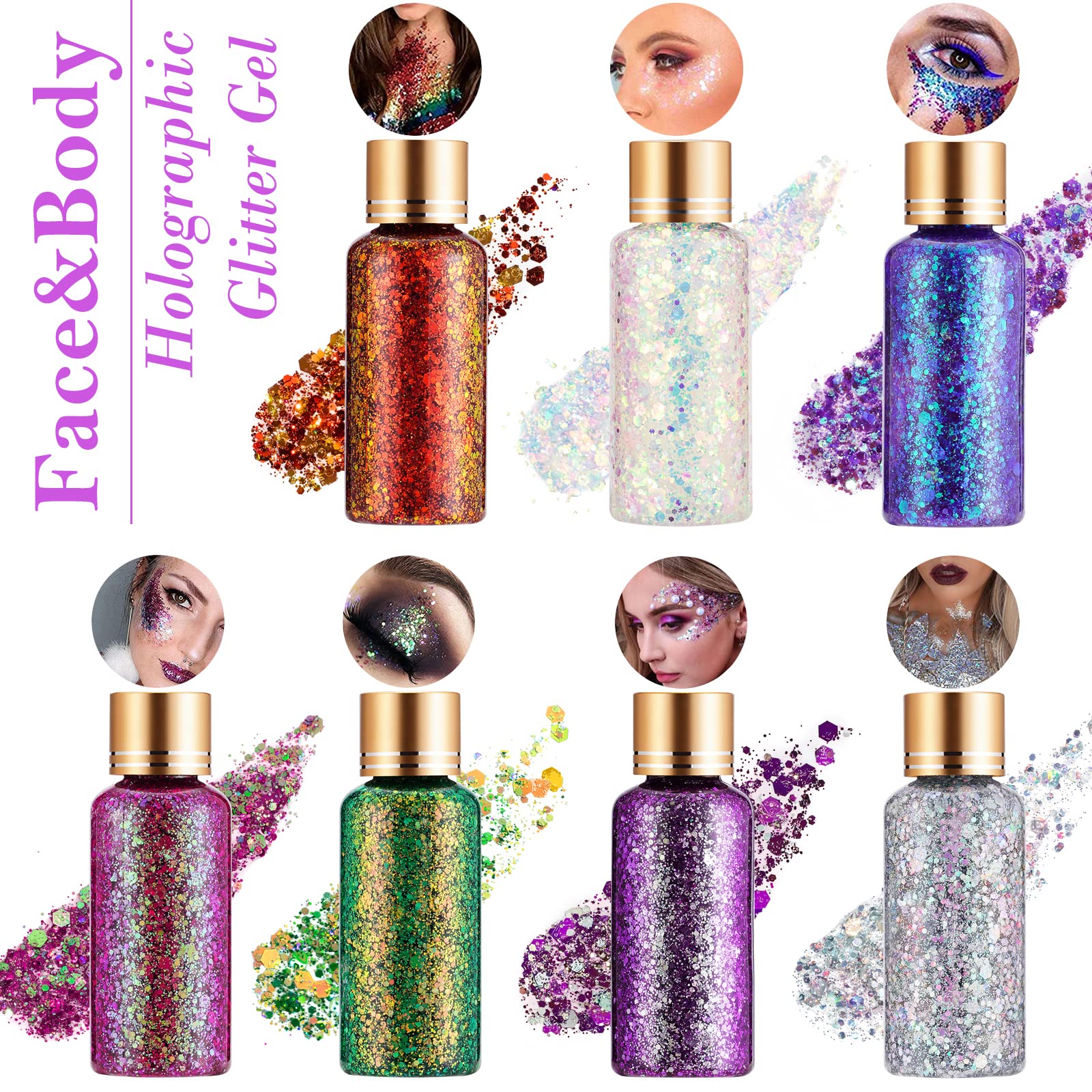 Holographic Body Glitter Gel for Face, Body, Nail, Super Long Lasting Waterproof Quick Dry Liquid Chunky Green Glitter for St. P