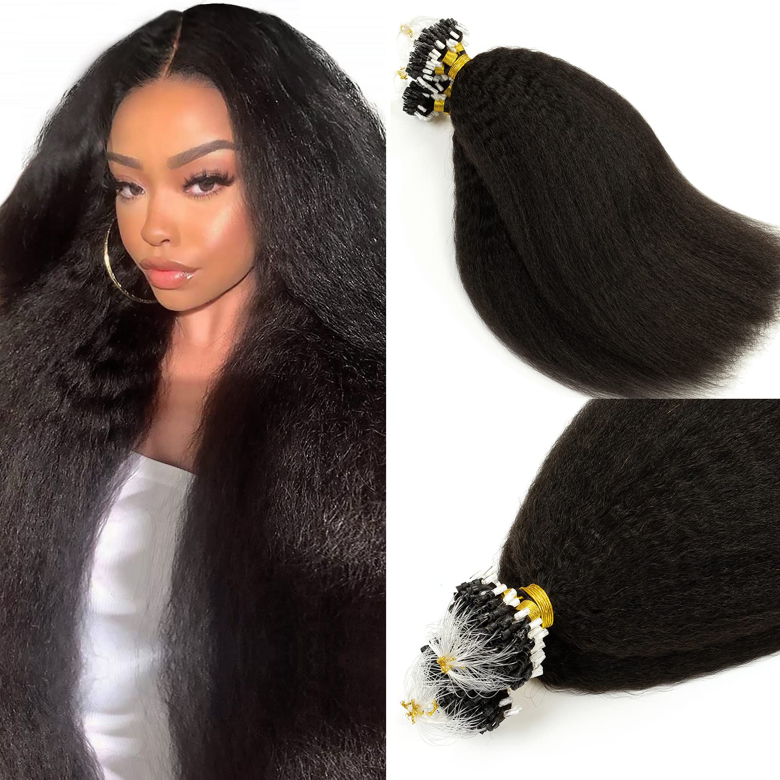 Lacerhair Microlink Hair Extensions Real Human Hair Yaki Brazilian Virgin Hair Black Kinky Straight Micro Loop Beaded Hair Exten