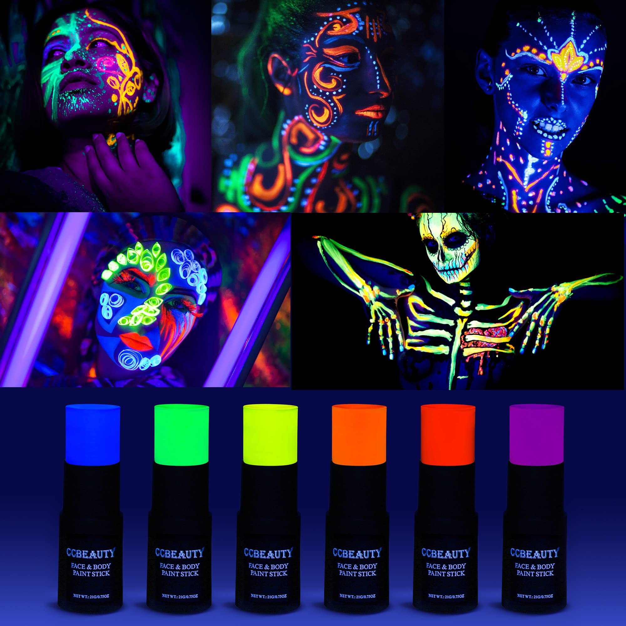 Ccbeauty Neon Pink Face Body Paint Stick Oil, Hot Pink Eye Black, Face Painting Kit Glow In The Black Lights Clown Makeup, Hallo