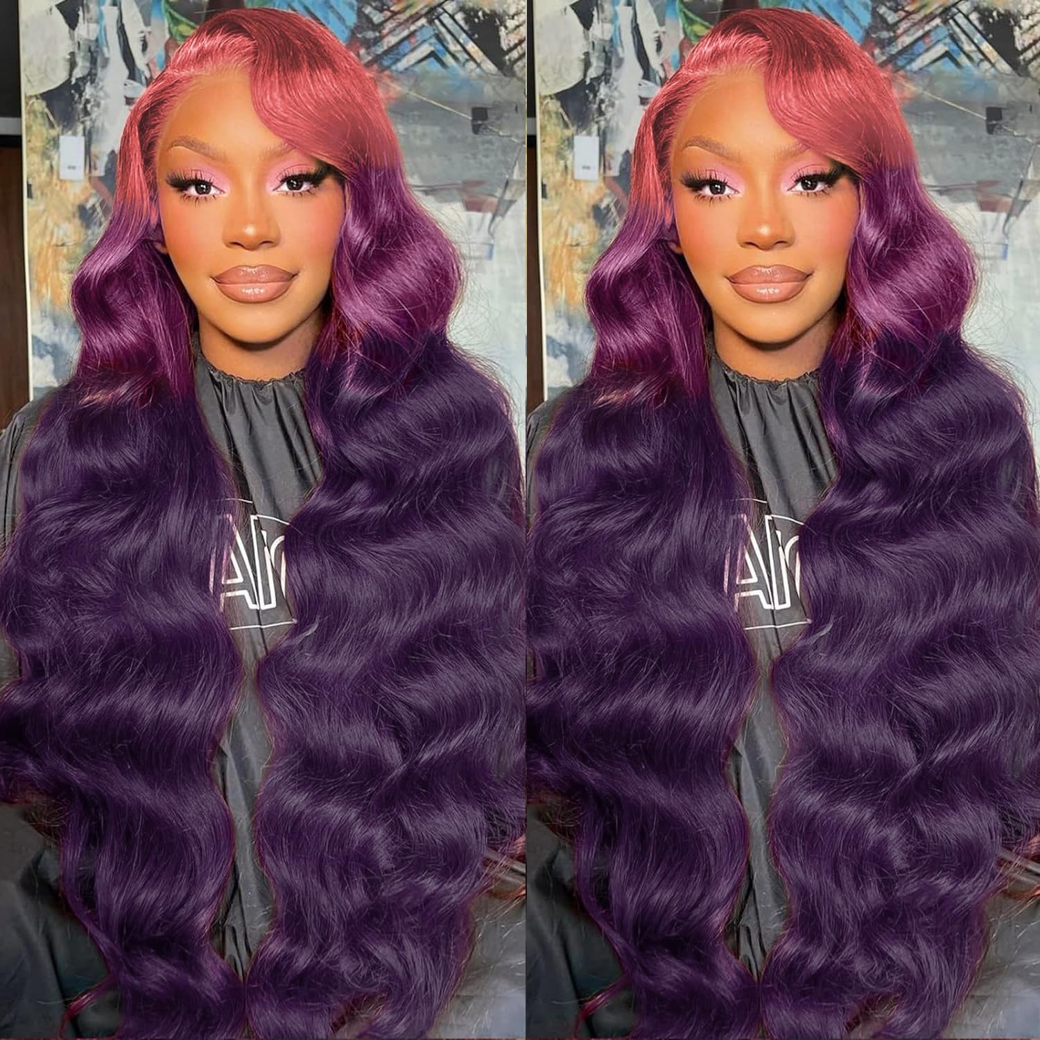 30 Inch Pink Ombre 13X4 Hd Lace Front Wig Human Hair Body Wave 3 Tone Pink To Purple Glueless Wigs Dark Pink Root Rainbow Colore